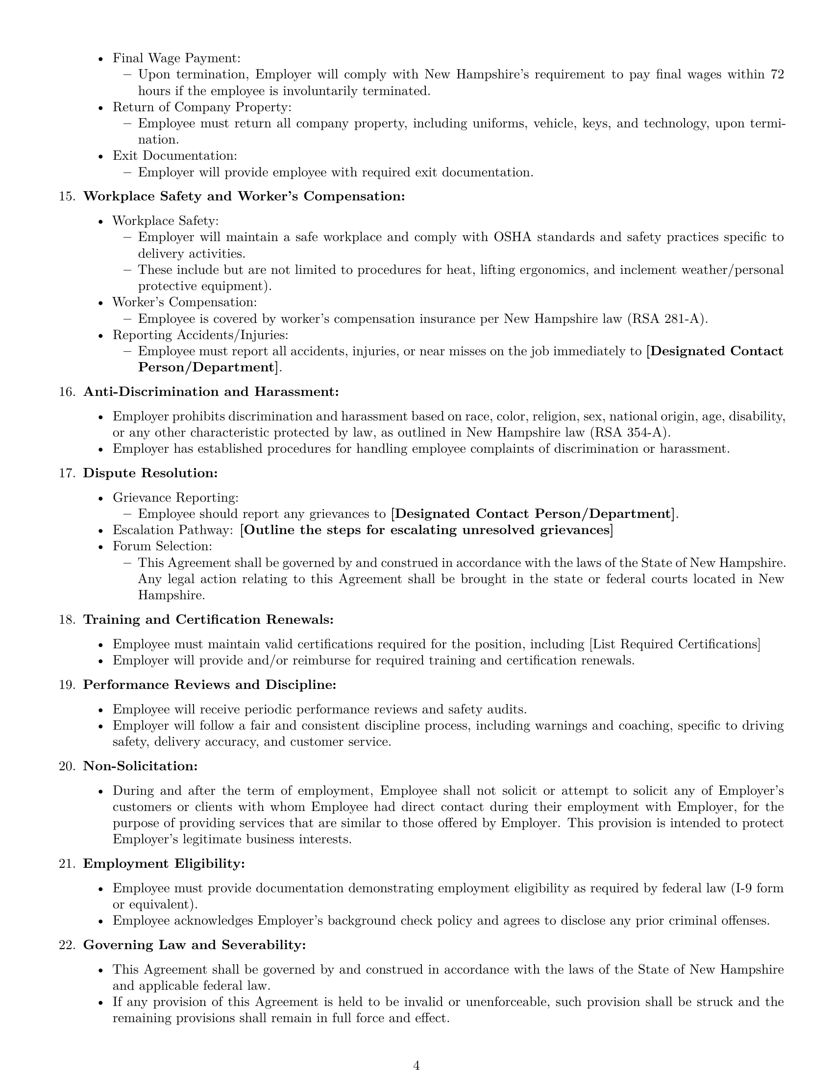 Preview page 4 of Free New Hampshire delivery driver employment contract template