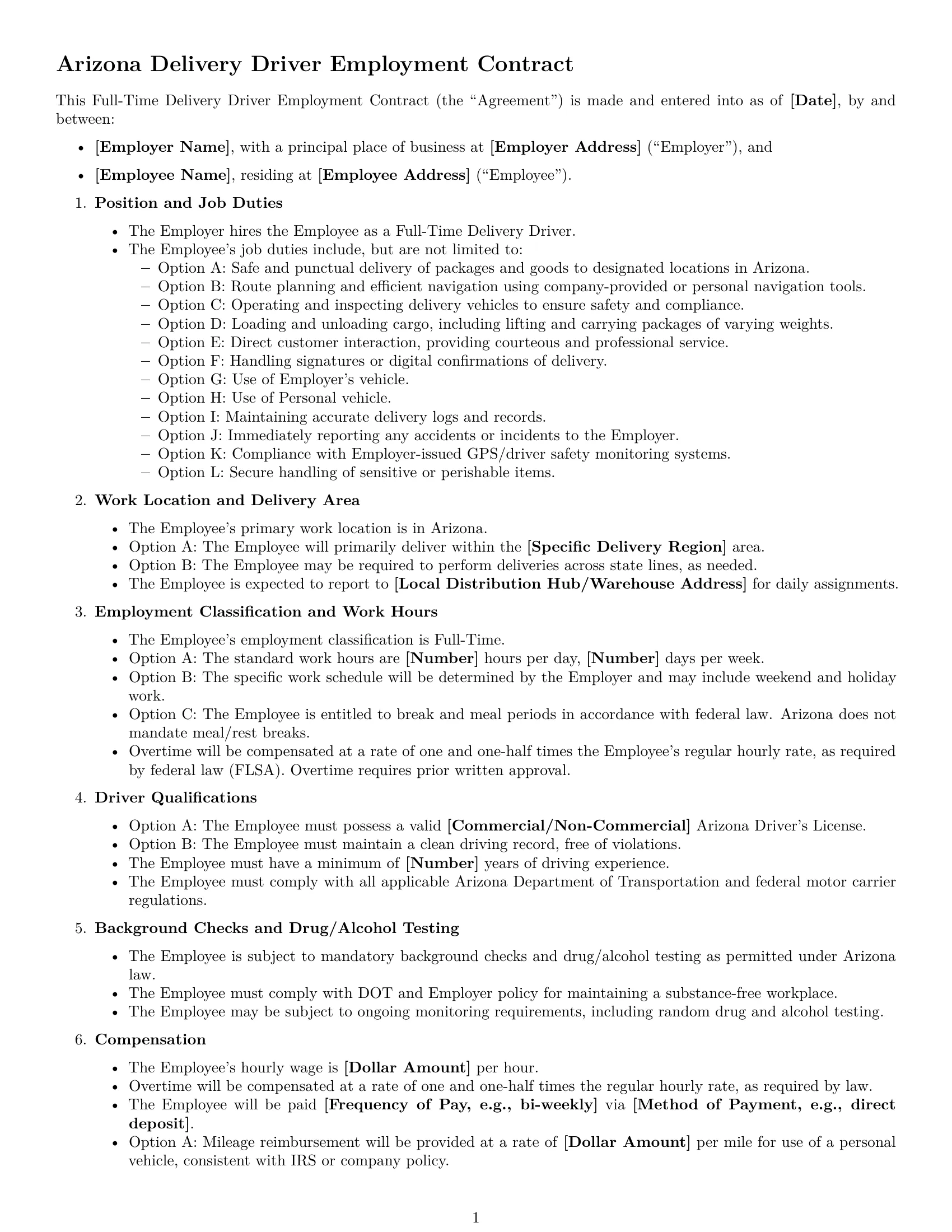 Preview page 1 of Free Arizona delivery driver employment contract template
