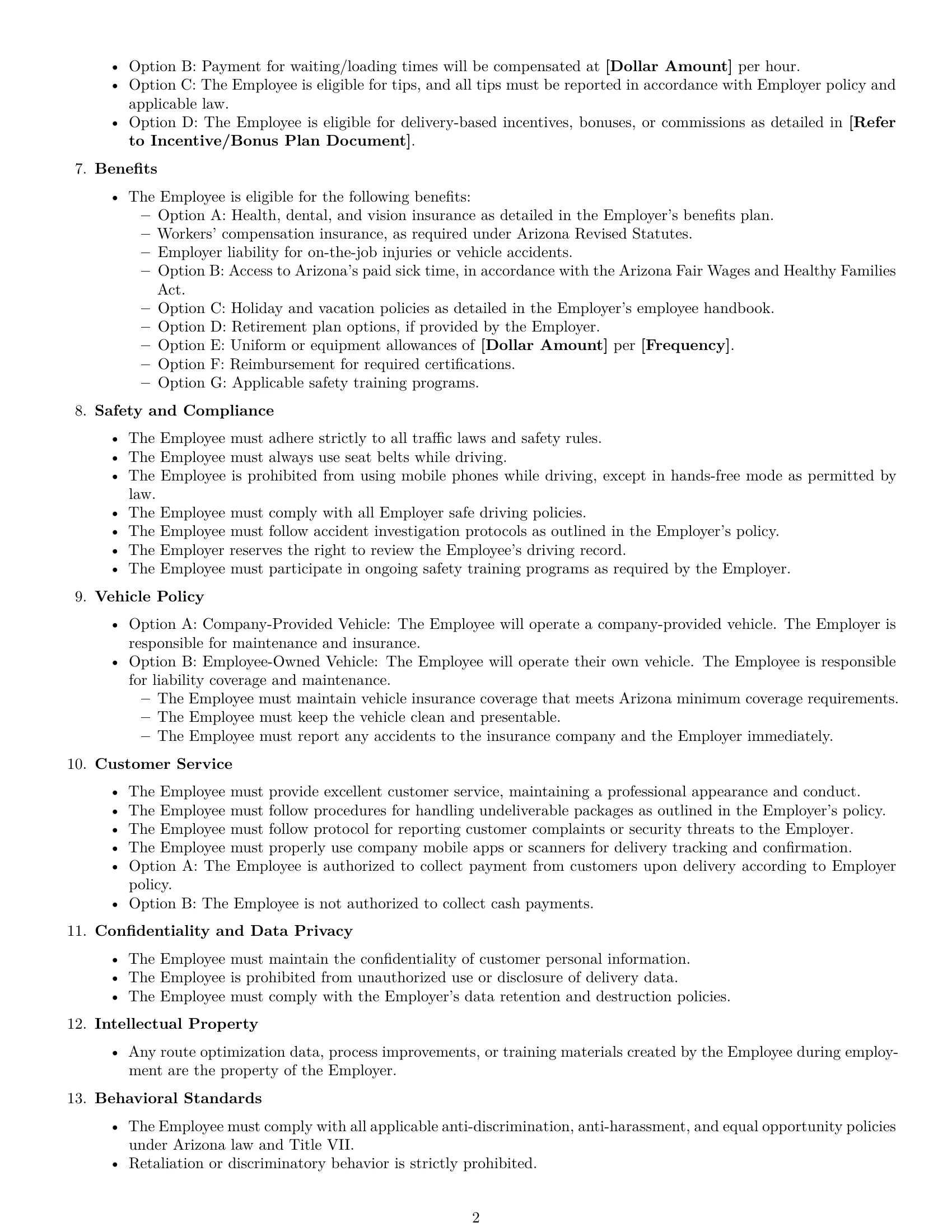 Preview page 2 of Free Arizona delivery driver employment contract template