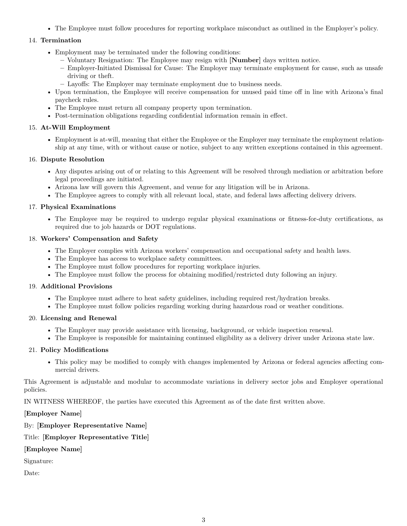 Preview page 3 of Free Arizona delivery driver employment contract template