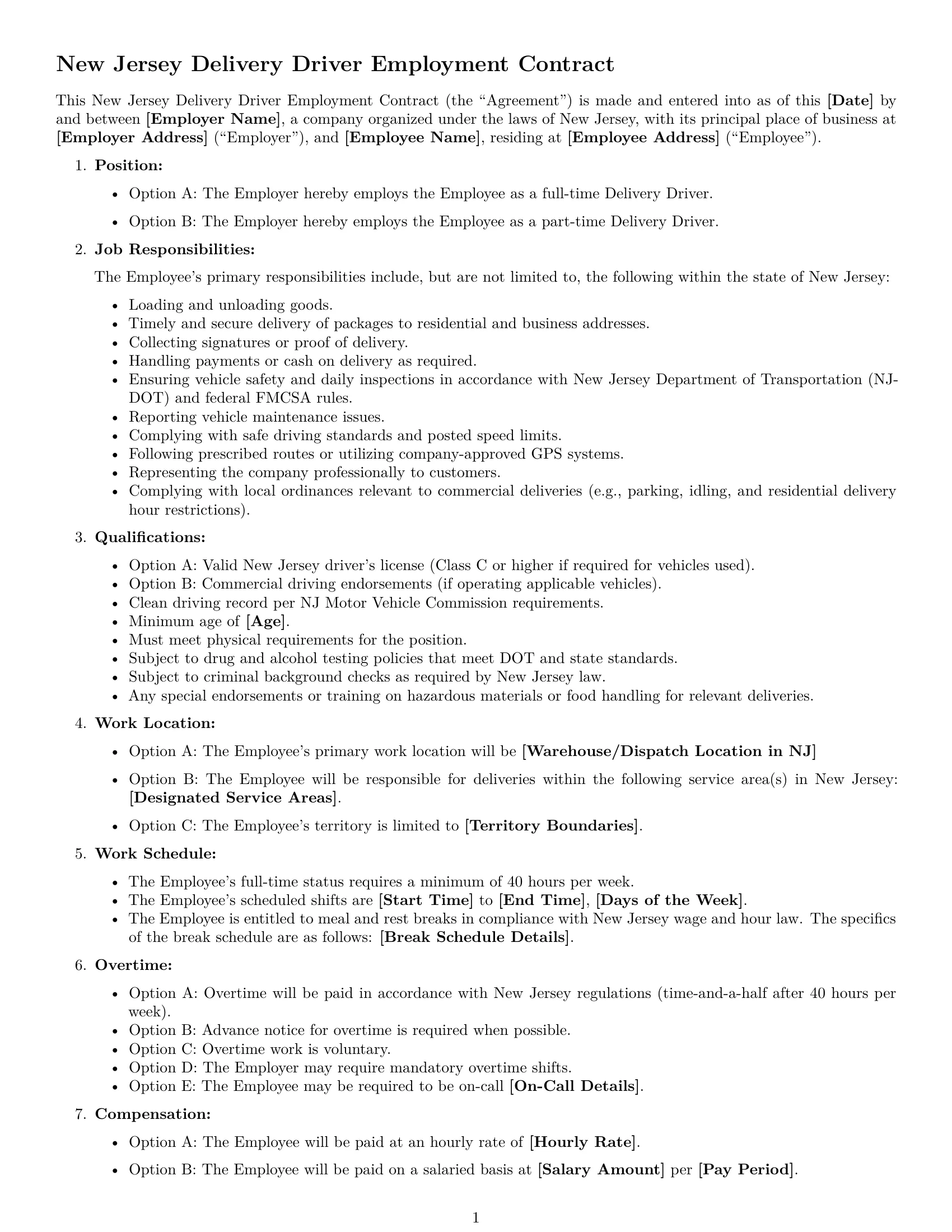 Preview page 1 of Free New Jersey delivery driver employment contract template
