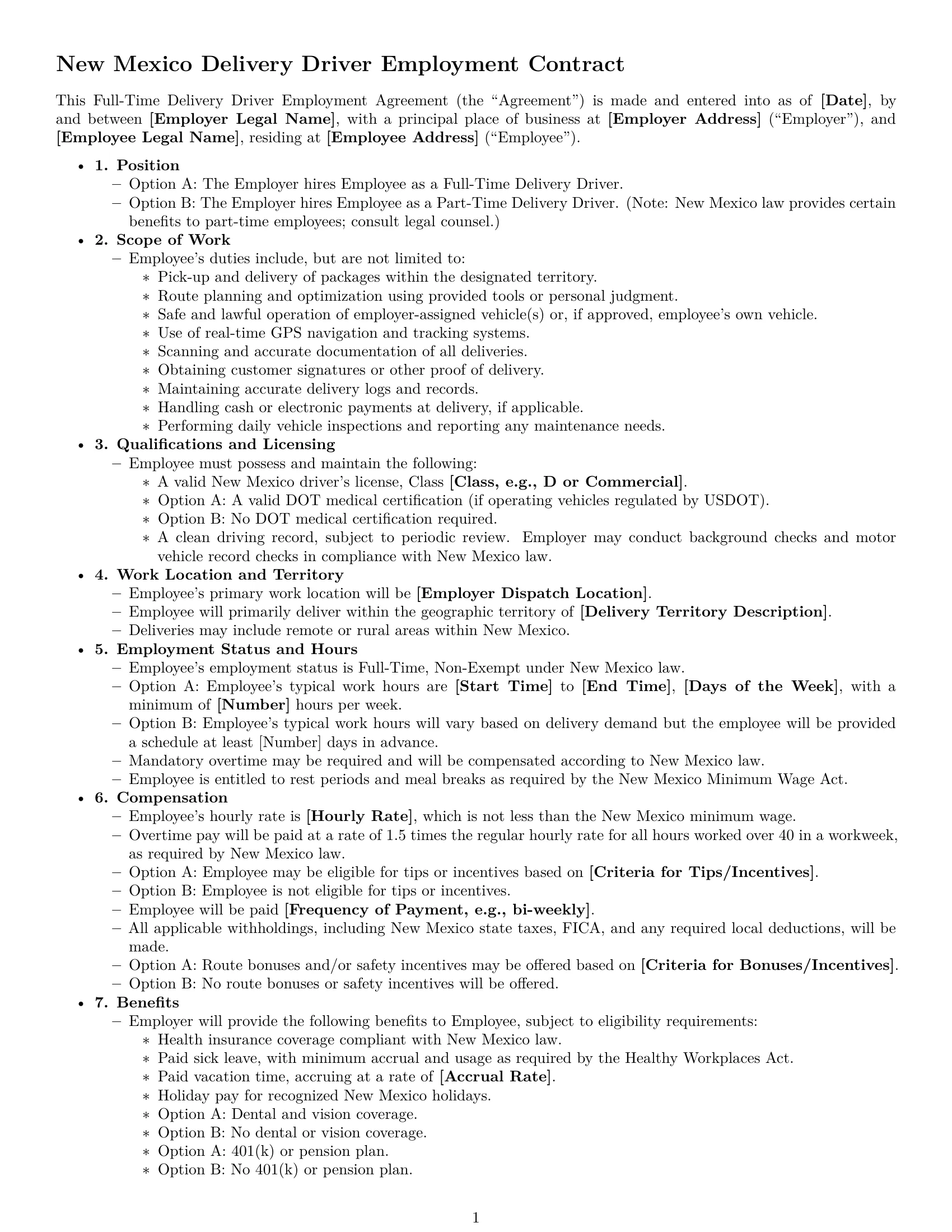 Preview page 1 of Free New Mexico delivery driver employment contract template