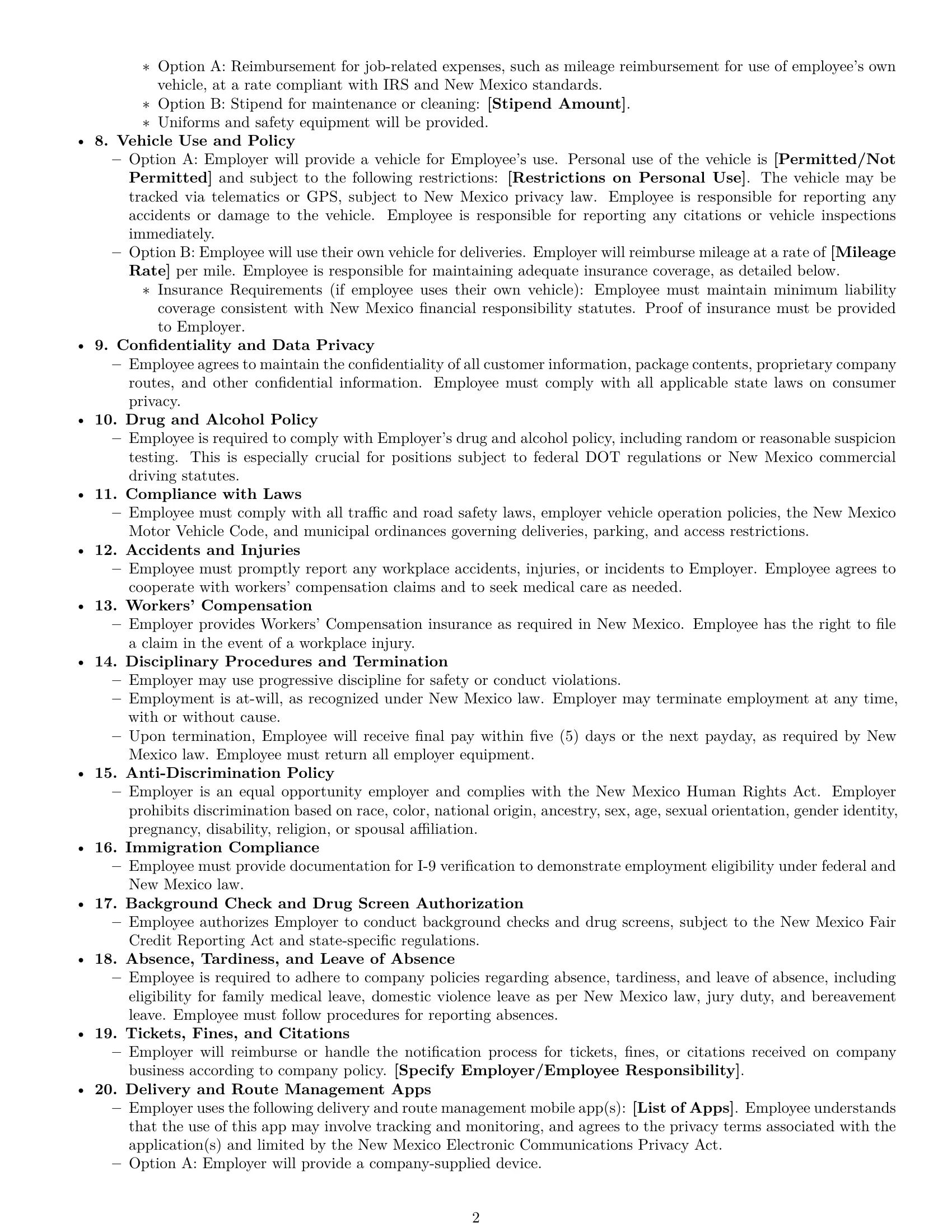Preview page 2 of Free New Mexico delivery driver employment contract template