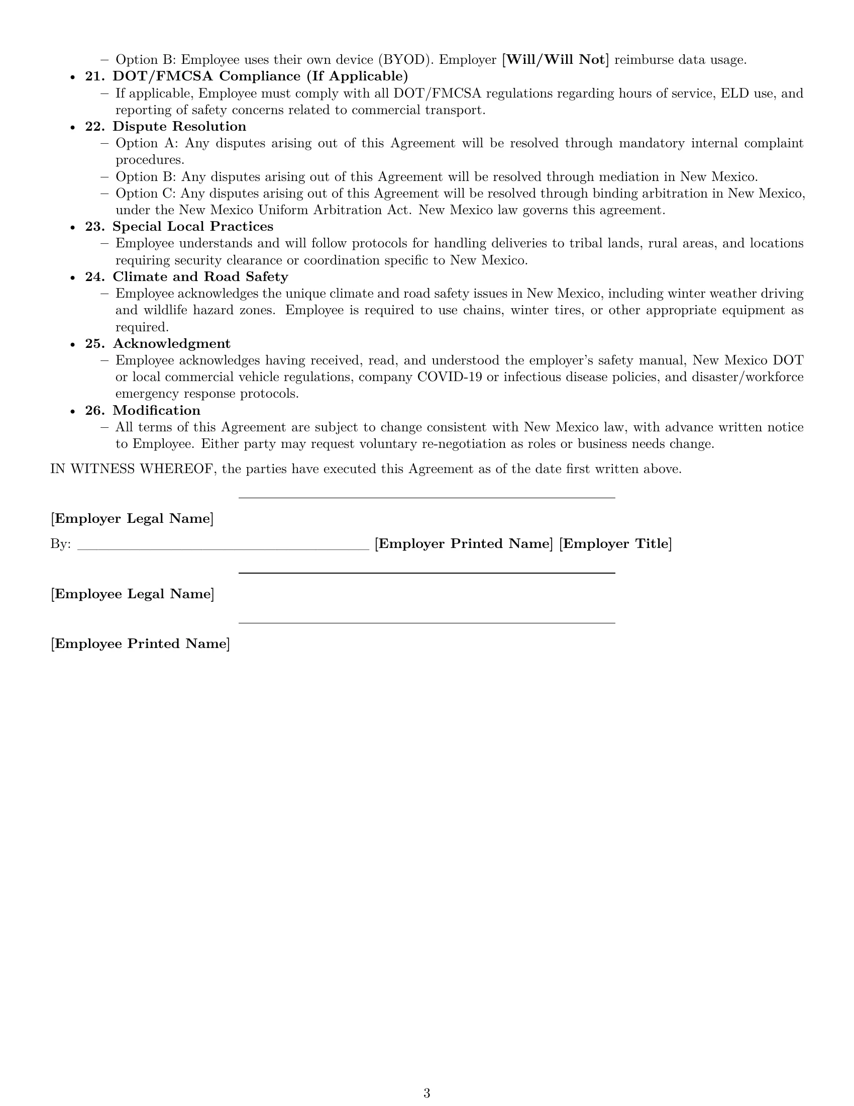 Preview page 3 of Free New Mexico delivery driver employment contract template