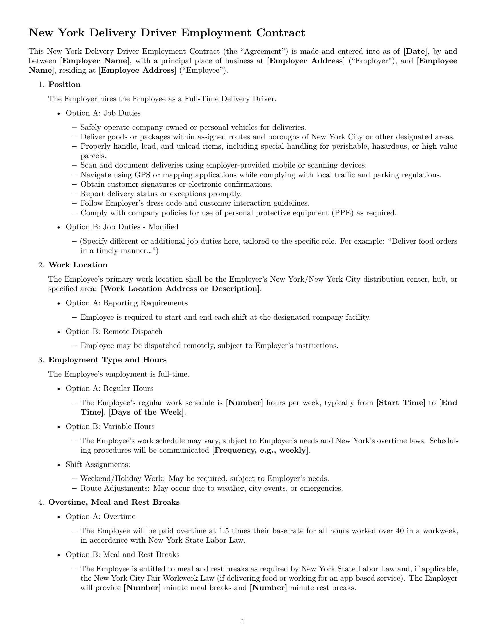 Preview page 1 of Free New York delivery driver employment contract template