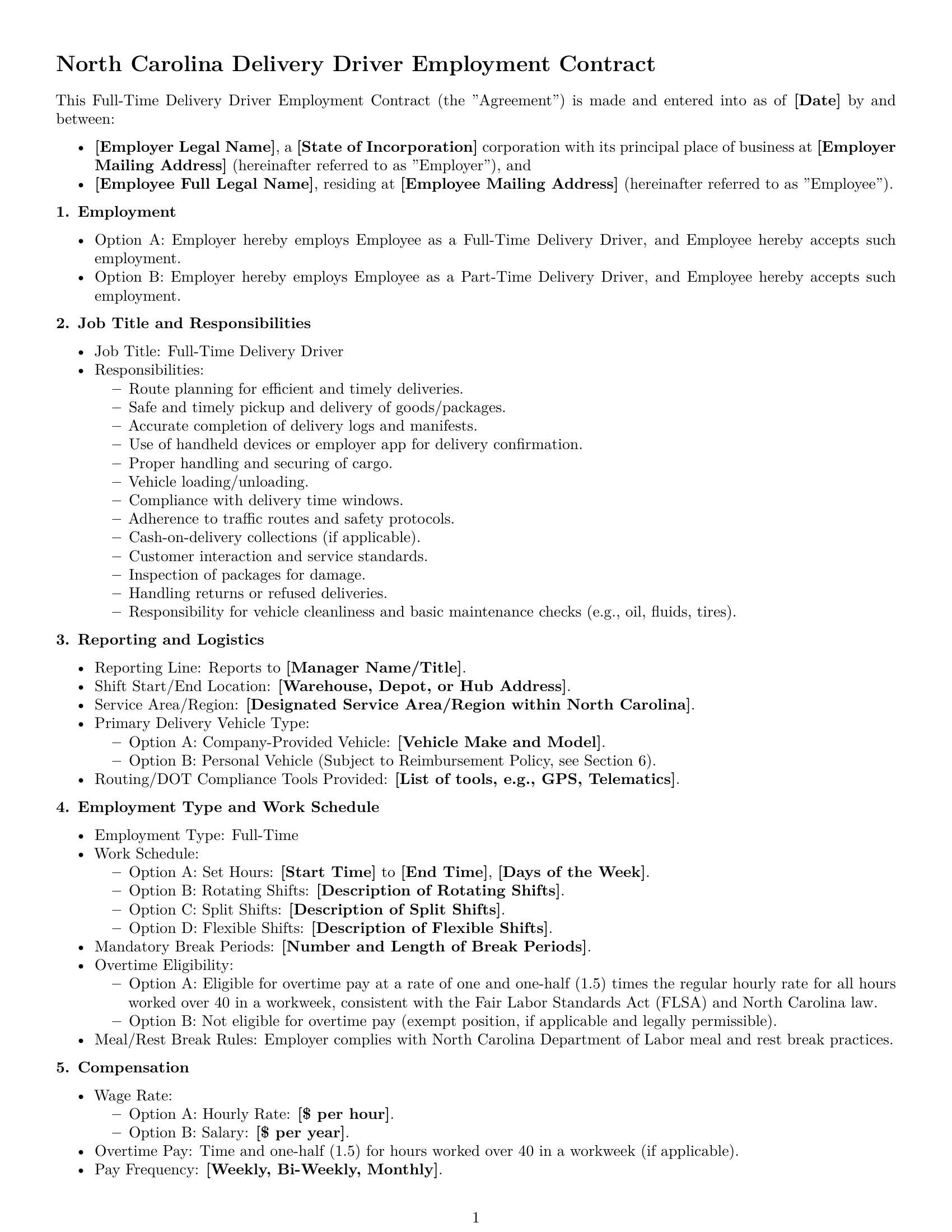 Preview page 1 of Free North Carolina delivery driver employment contract template