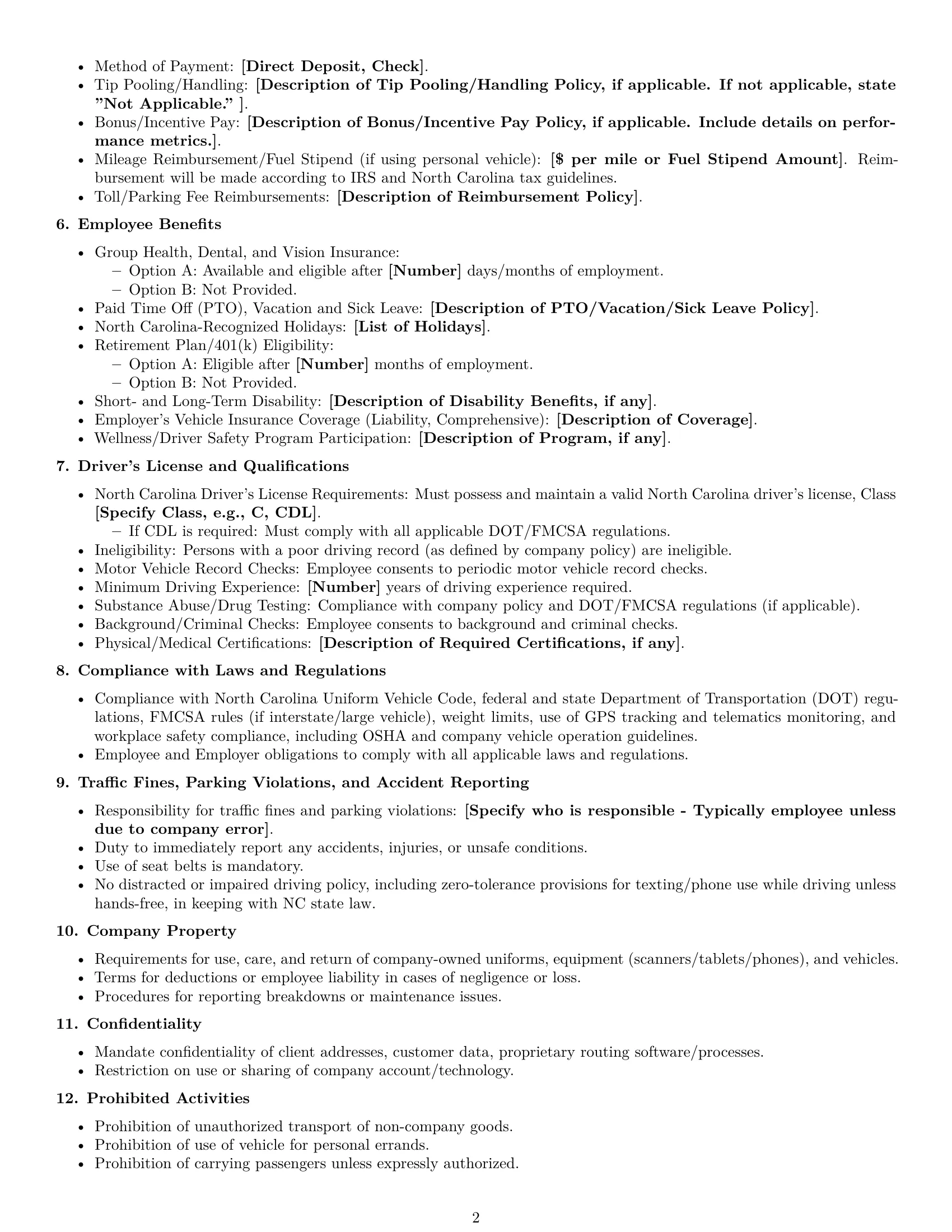 Preview page 2 of Free North Carolina delivery driver employment contract template