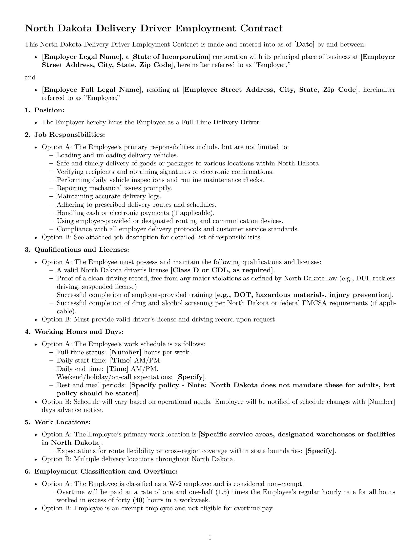 Preview page 1 of Free North Dakota delivery driver employment contract template