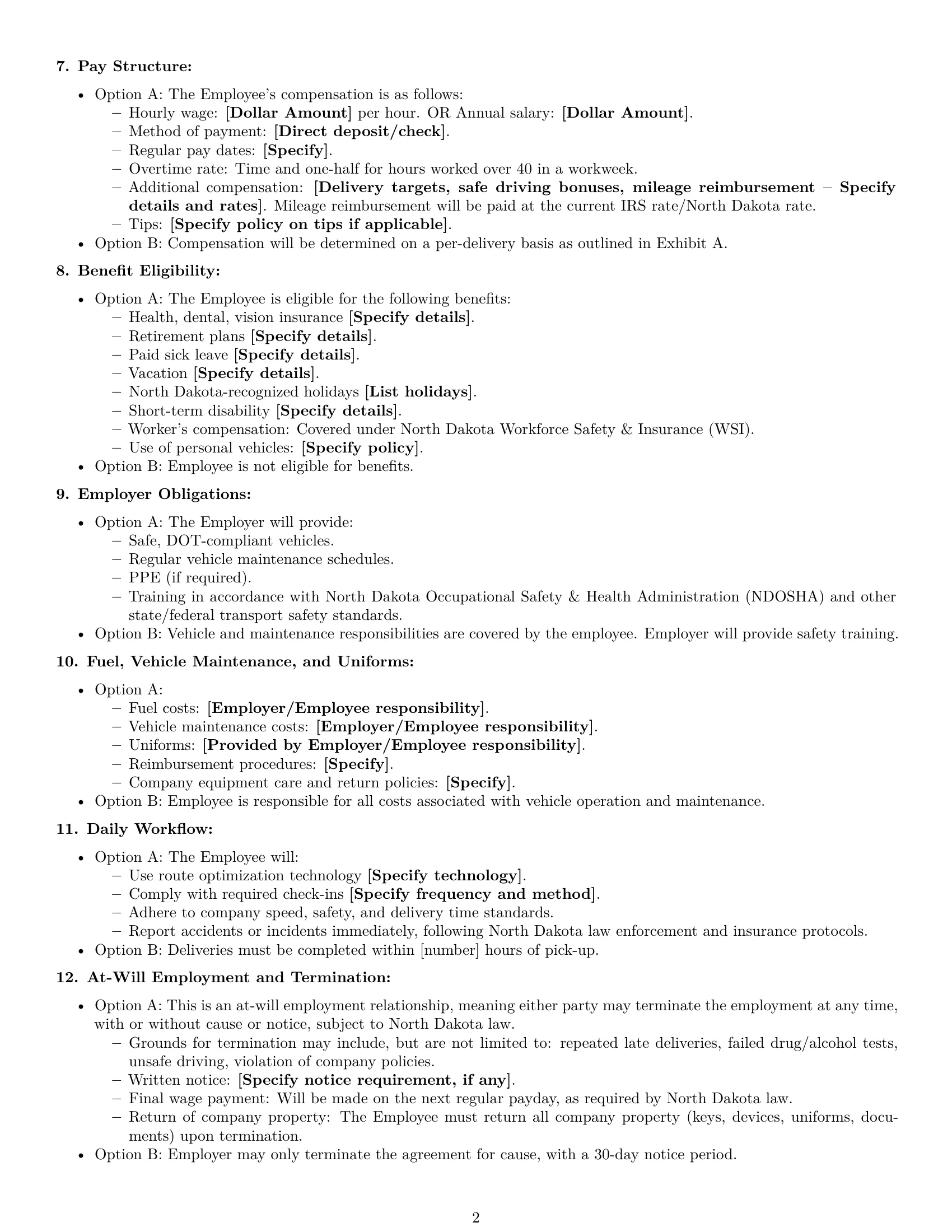 Preview page 2 of Free North Dakota delivery driver employment contract template
