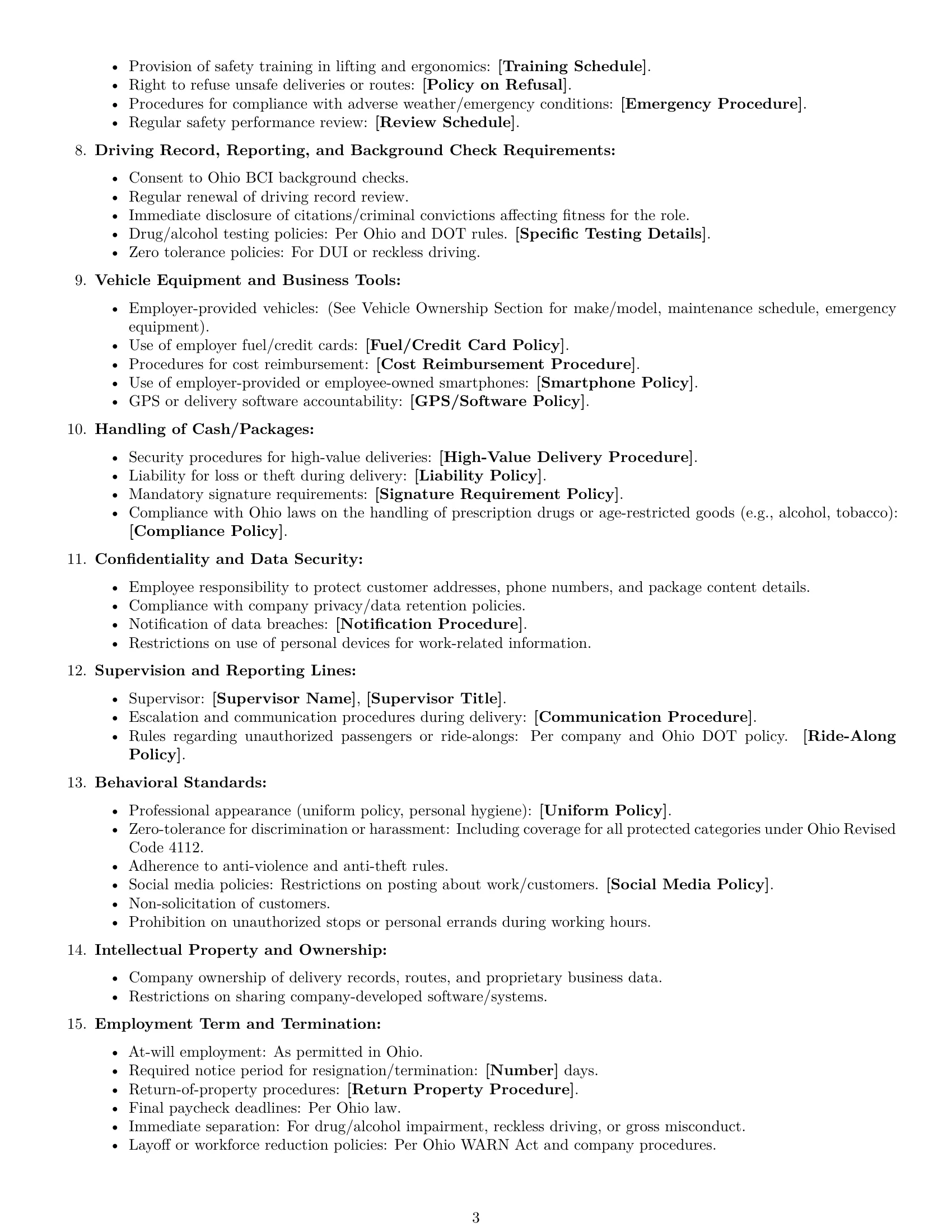Preview page 3 of Free Ohio delivery driver employment contract template