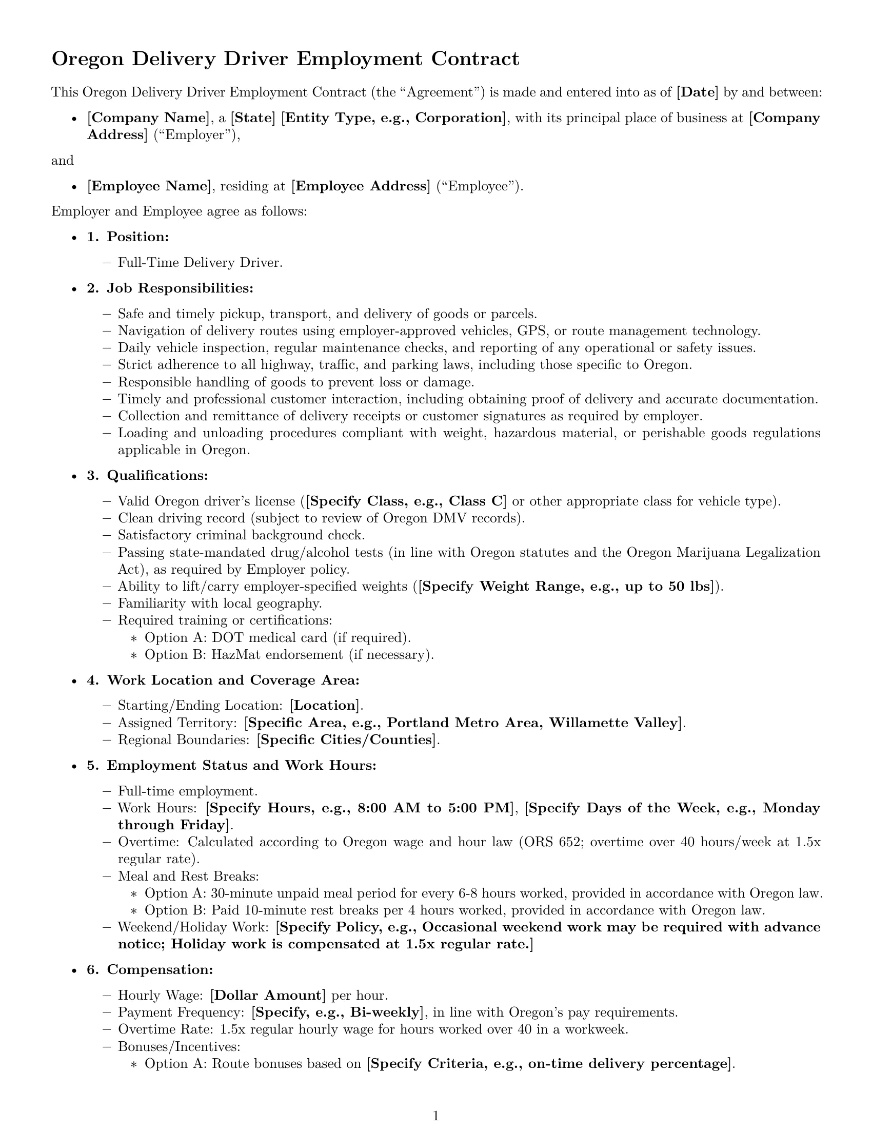 Preview page 1 of Free Oregon delivery driver employment contract template