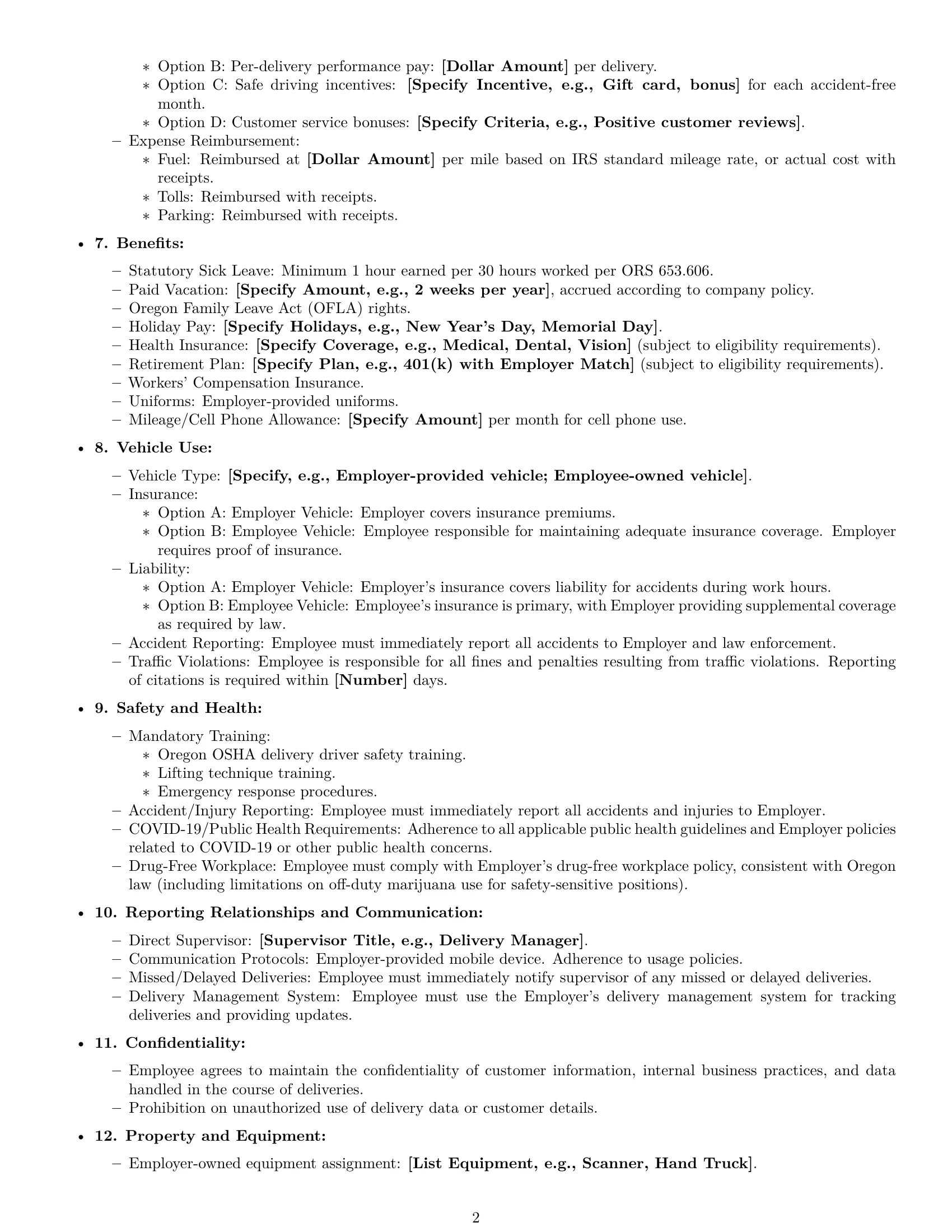 Preview page 2 of Free Oregon delivery driver employment contract template