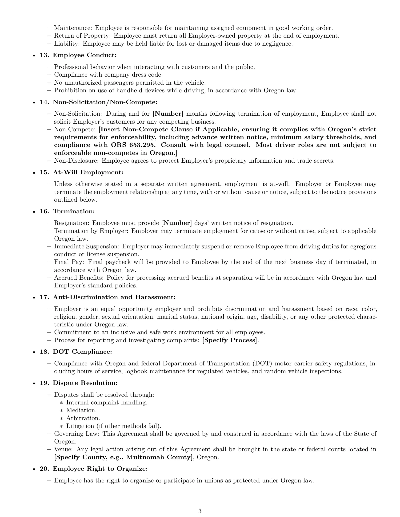 Preview page 3 of Free Oregon delivery driver employment contract template