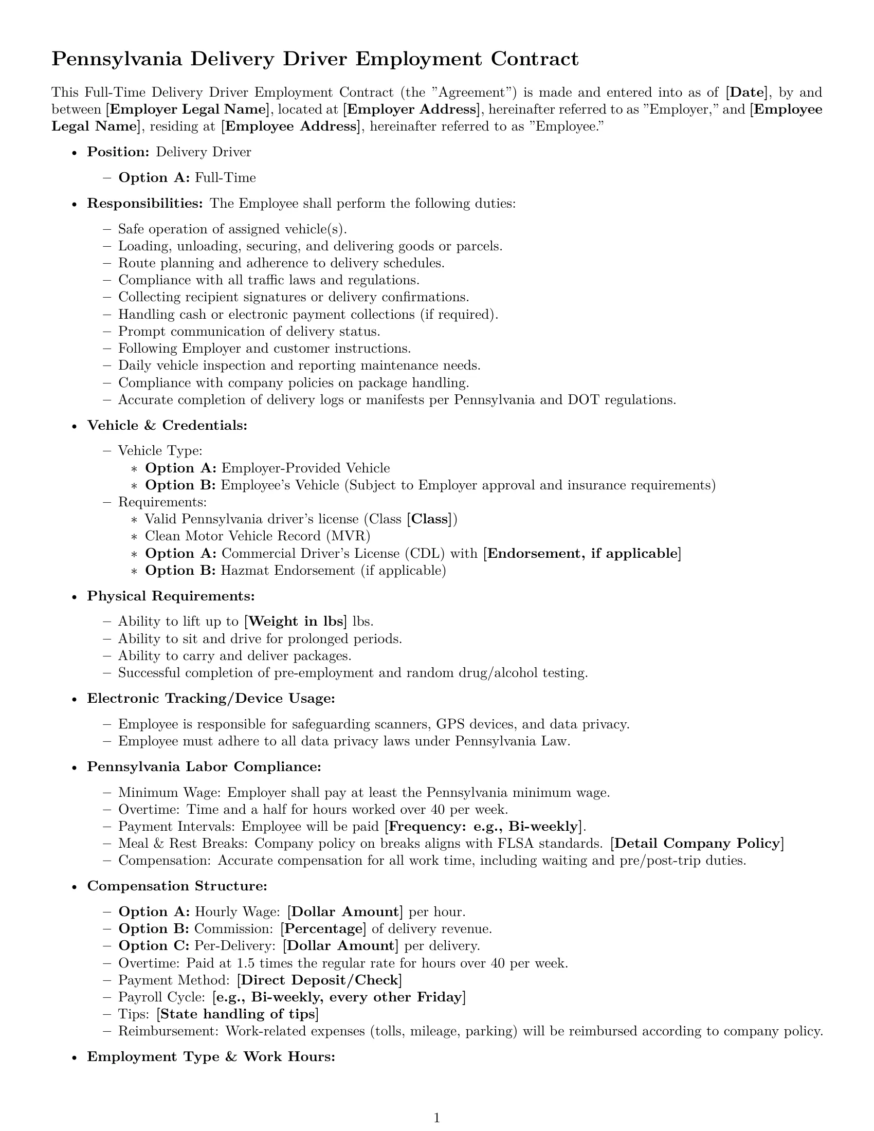 Preview page 1 of Free Pennsylvania delivery driver employment contract template