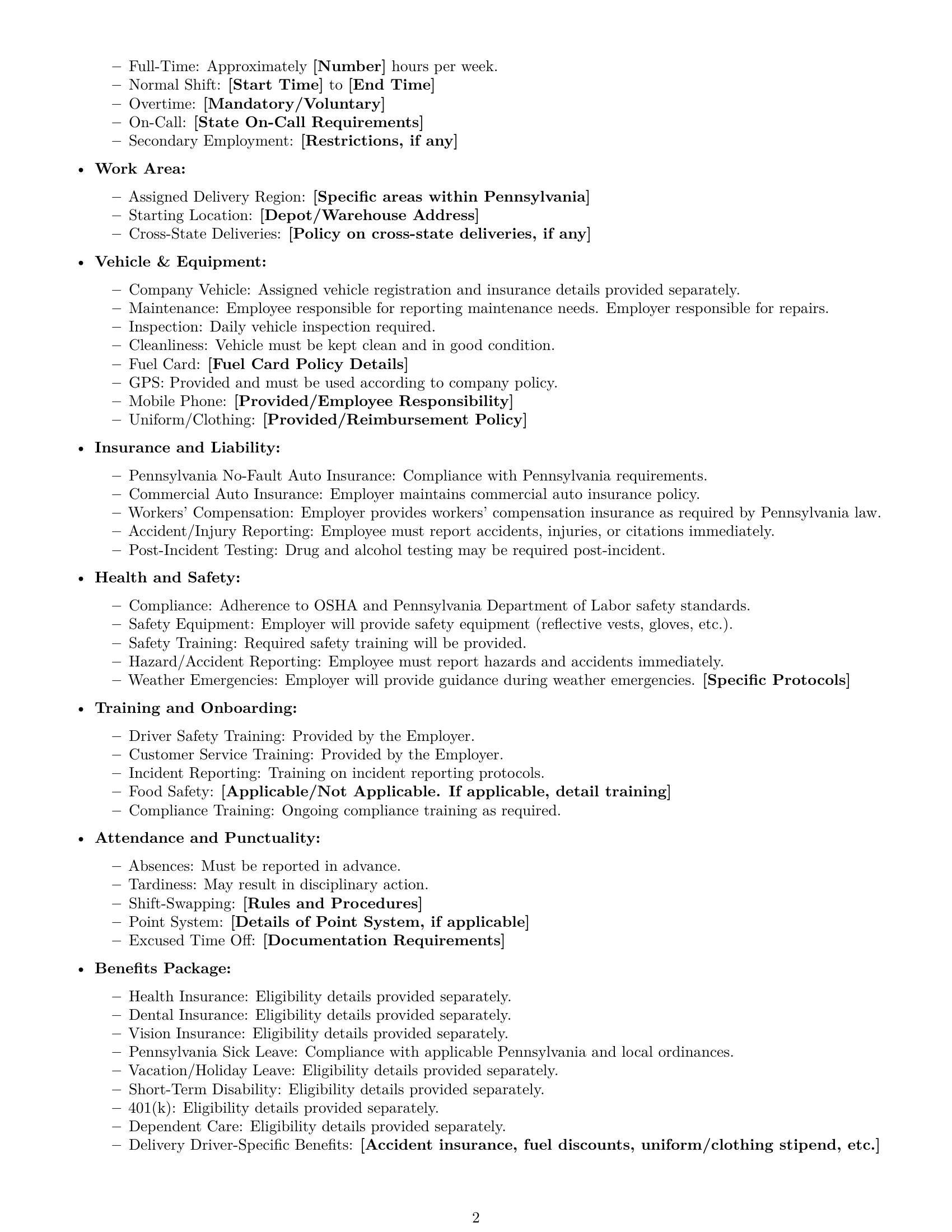 Preview page 2 of Free Pennsylvania delivery driver employment contract template