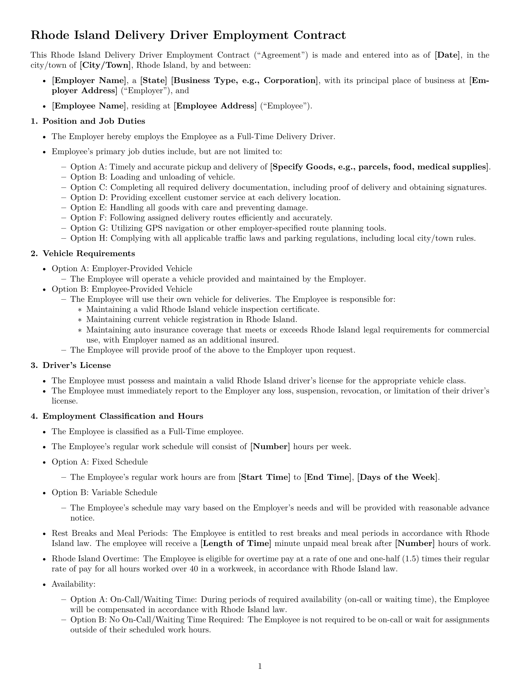 Preview page 1 of Free Rhode Island delivery driver employment contract template