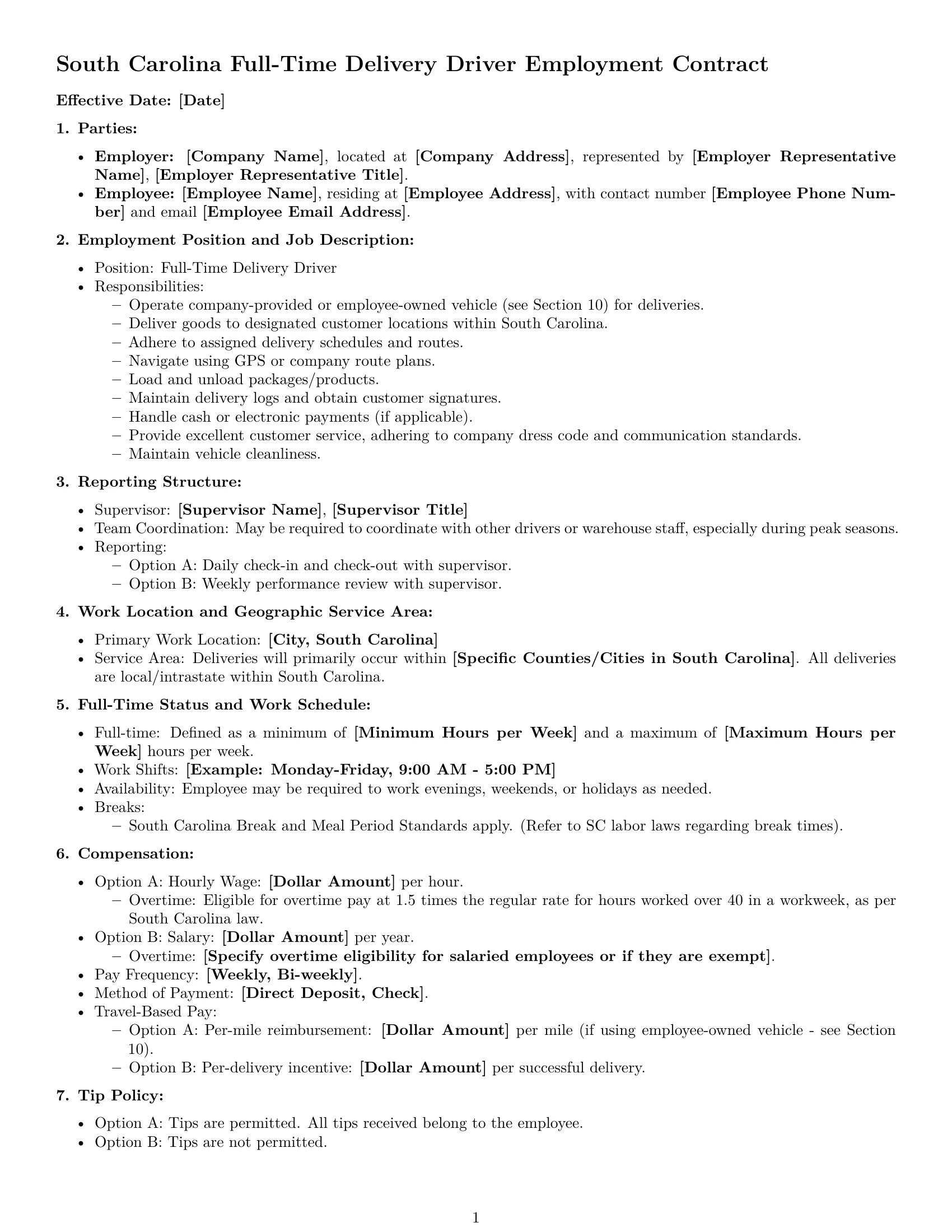 Preview page 1 of Free South Carolina delivery driver employment contract template