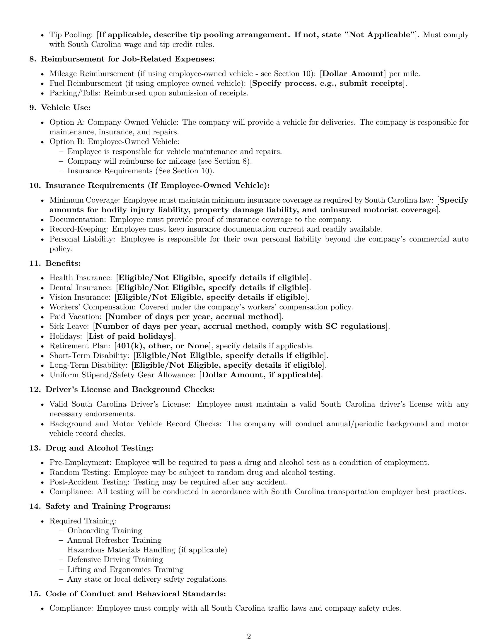 Preview page 2 of Free South Carolina delivery driver employment contract template