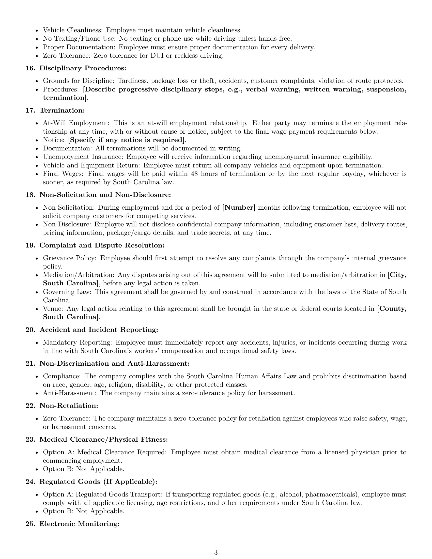 Preview page 3 of Free South Carolina delivery driver employment contract template