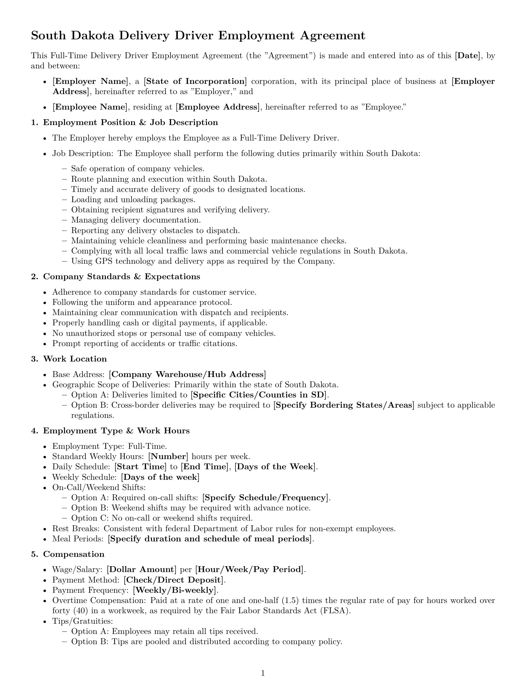 Preview page 1 of Free South Dakota delivery driver employment contract template
