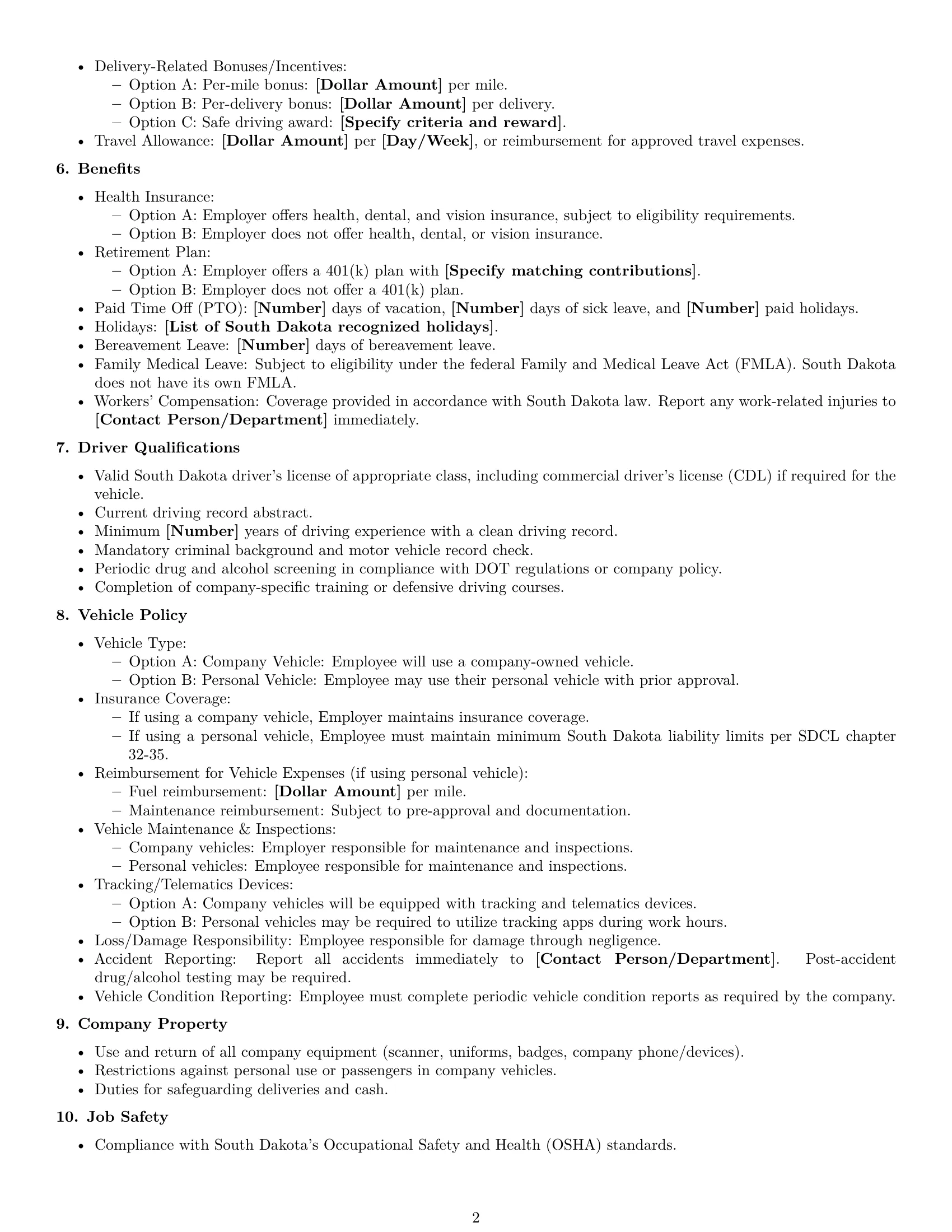 Preview page 2 of Free South Dakota delivery driver employment contract template
