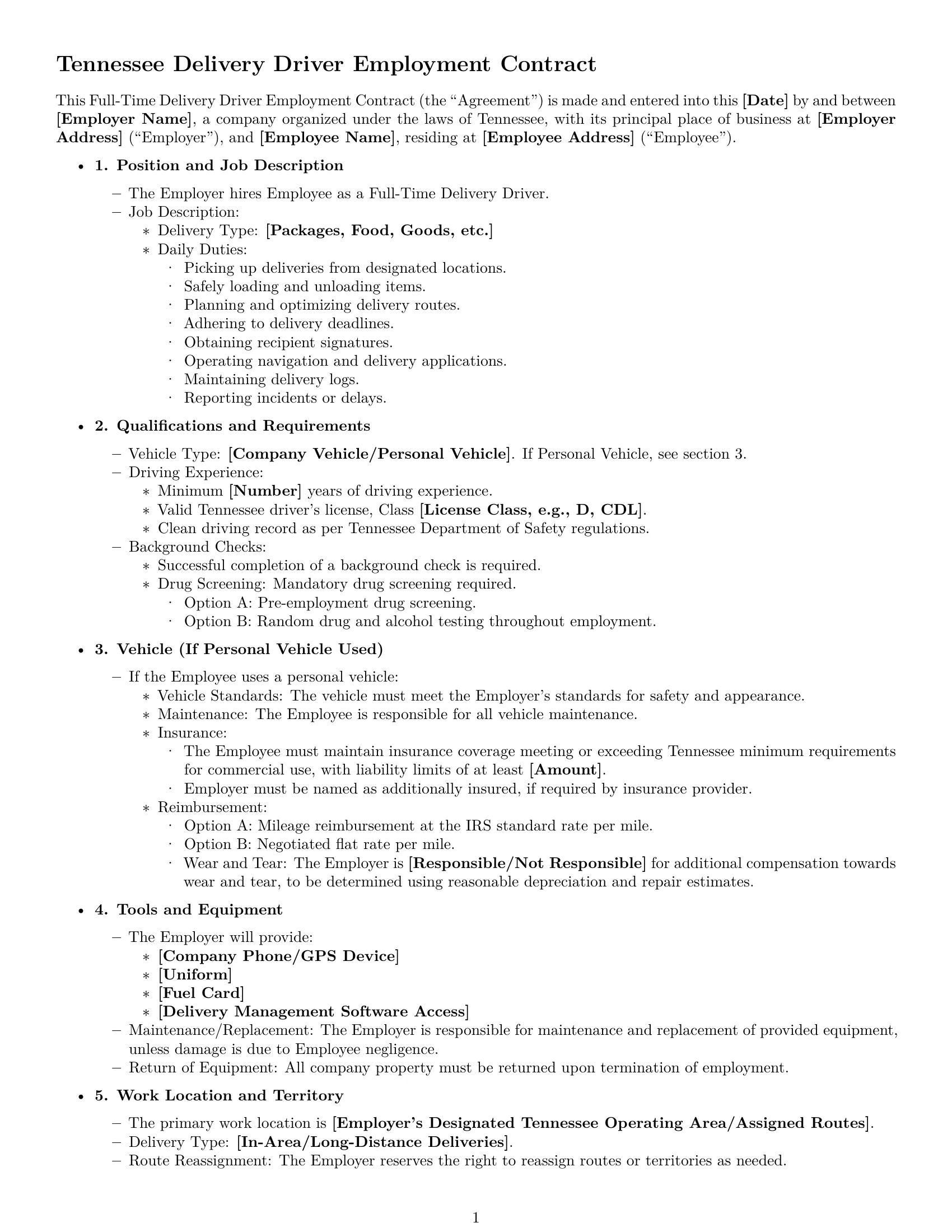 Preview page 1 of Free Tennessee delivery driver employment contract template