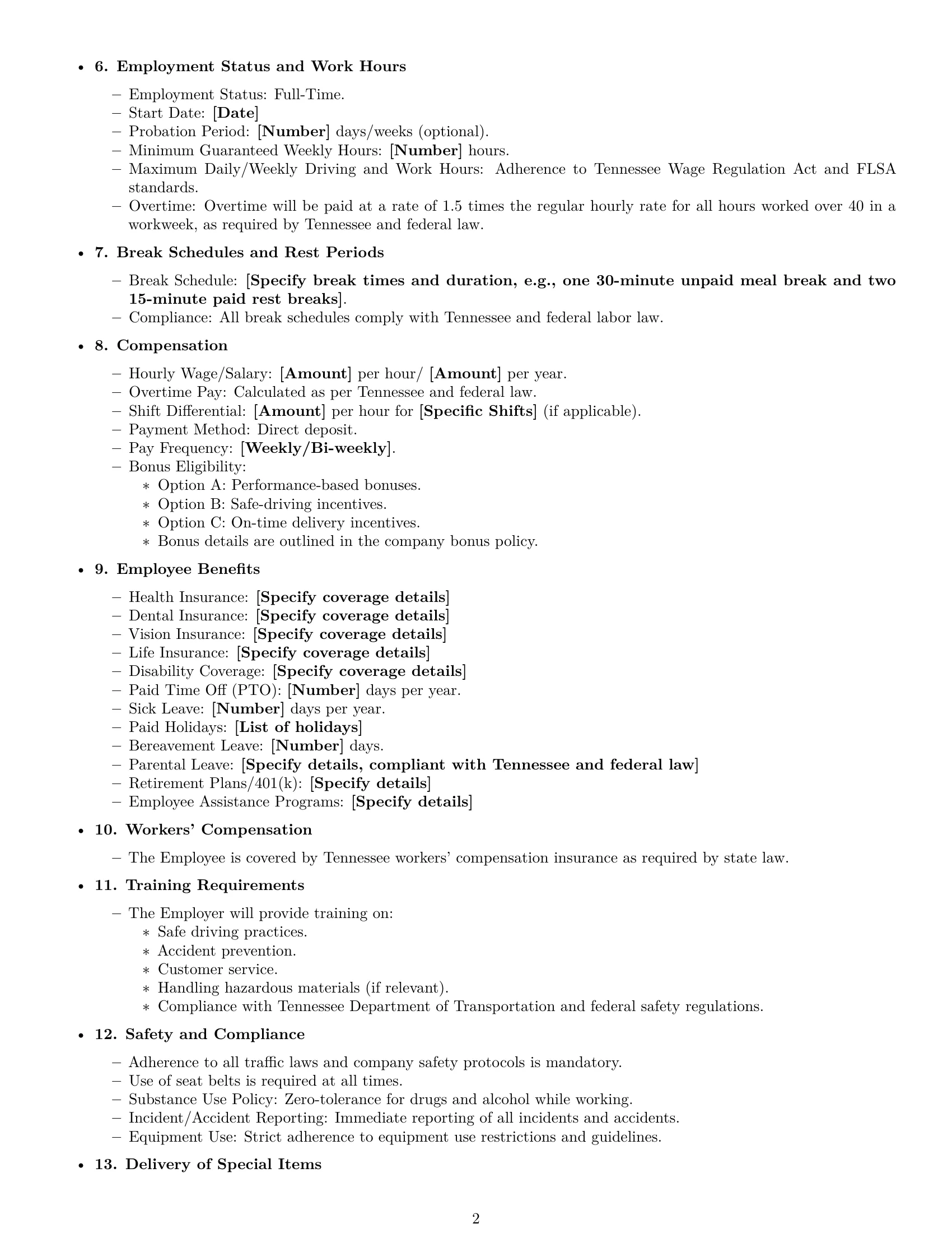 Preview page 2 of Free Tennessee delivery driver employment contract template