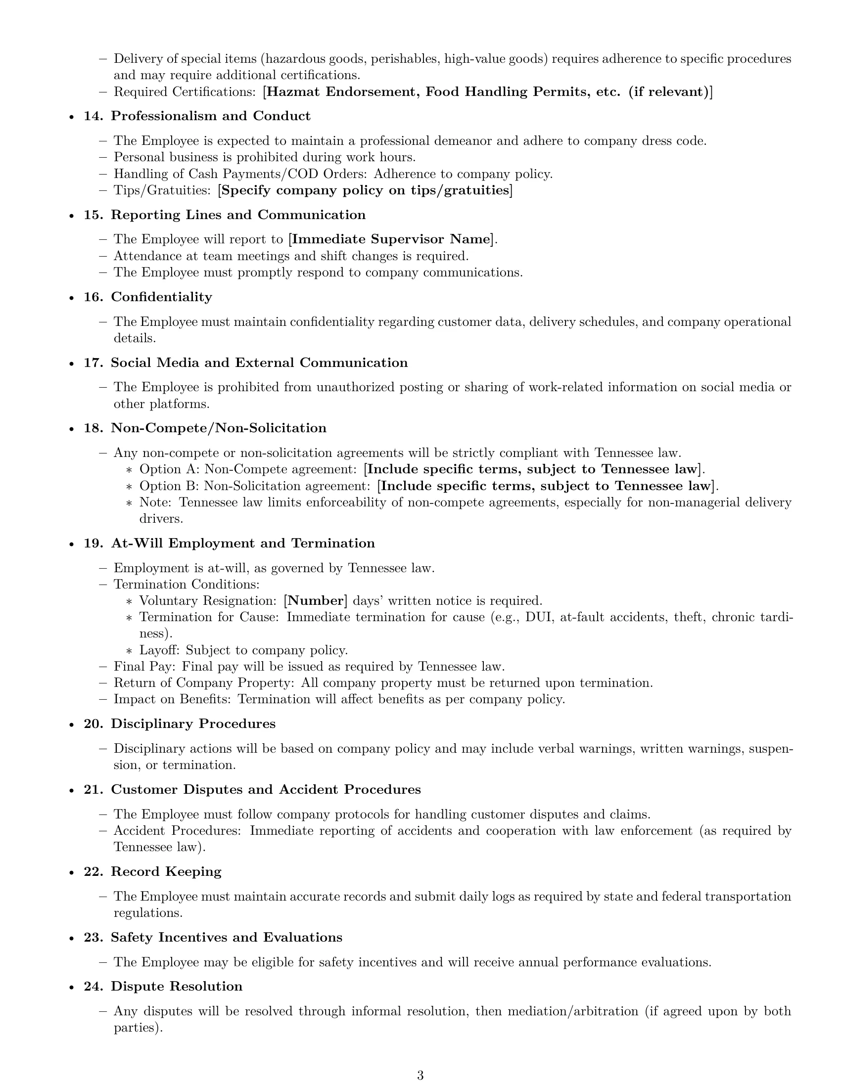 Preview page 3 of Free Tennessee delivery driver employment contract template