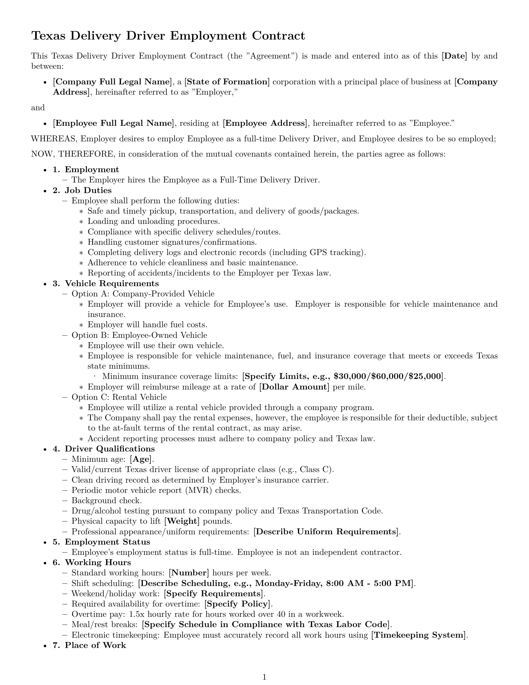 Preview page 1 of Free Texas delivery driver employment contract template