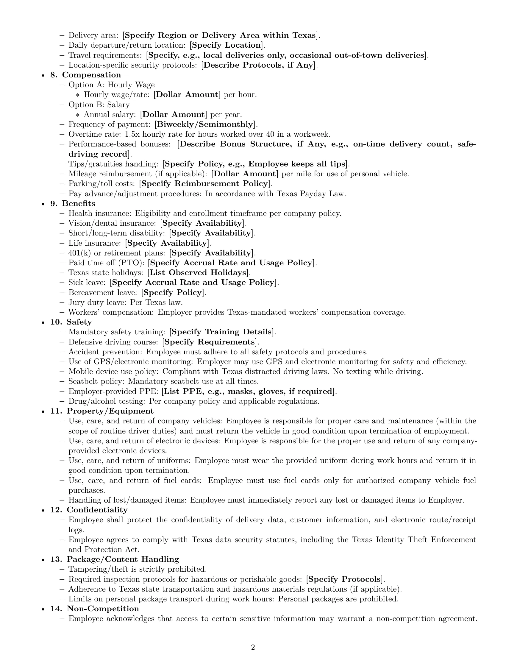 Preview page 2 of Free Texas delivery driver employment contract template