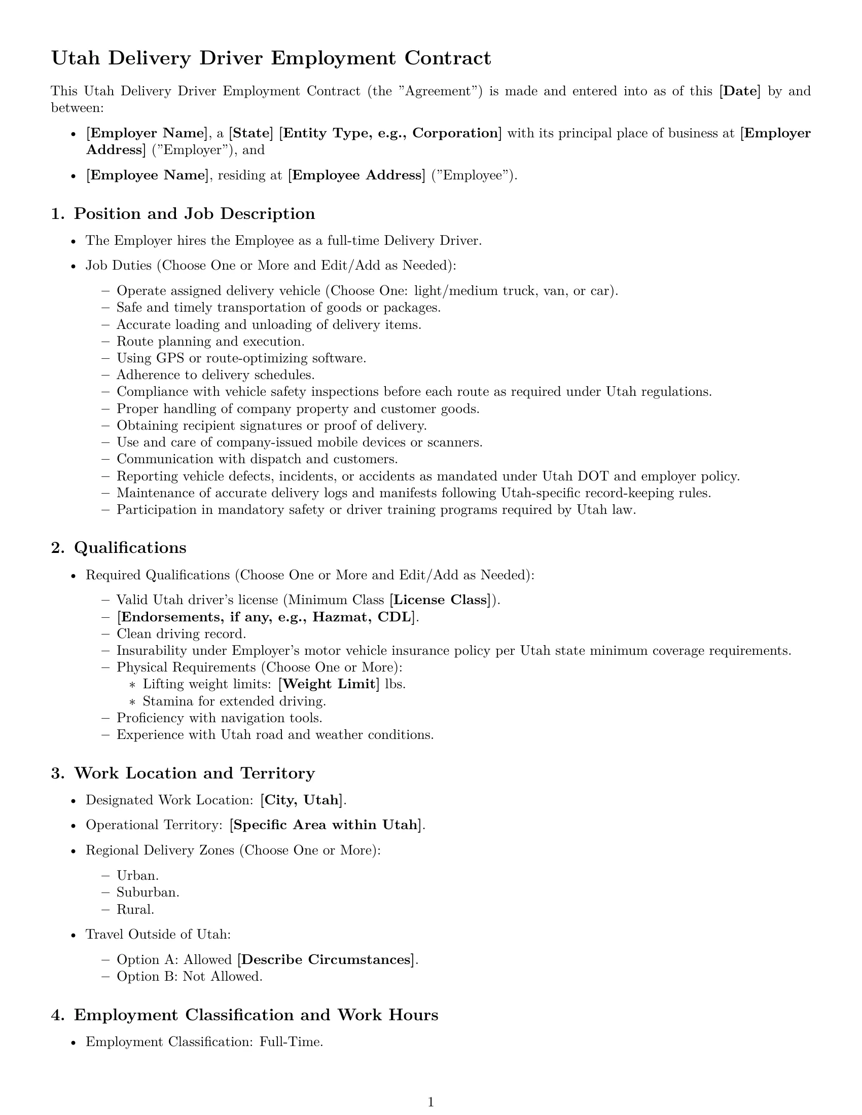 Preview page 1 of Free Utah delivery driver employment contract template