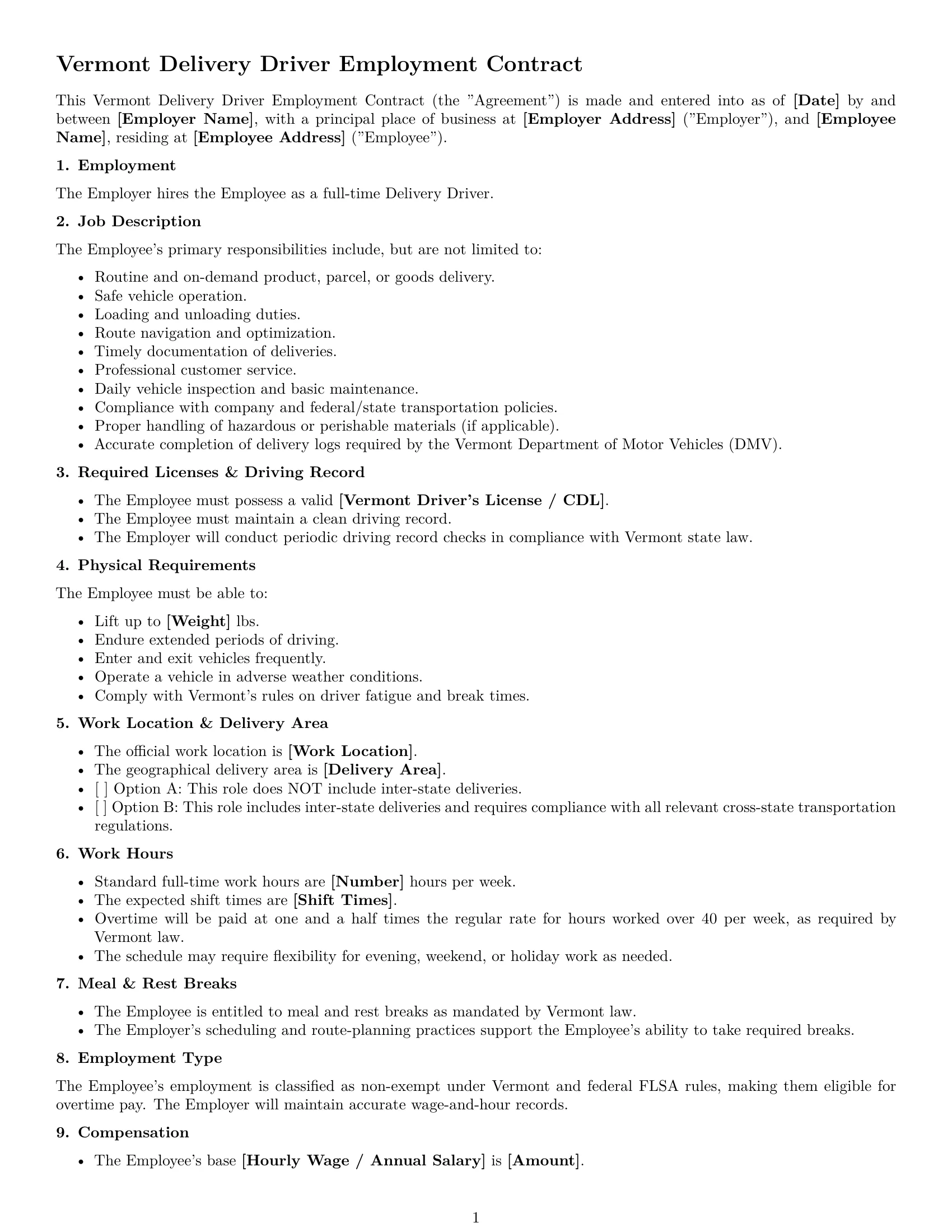 Preview page 1 of Free Vermont delivery driver employment contract template
