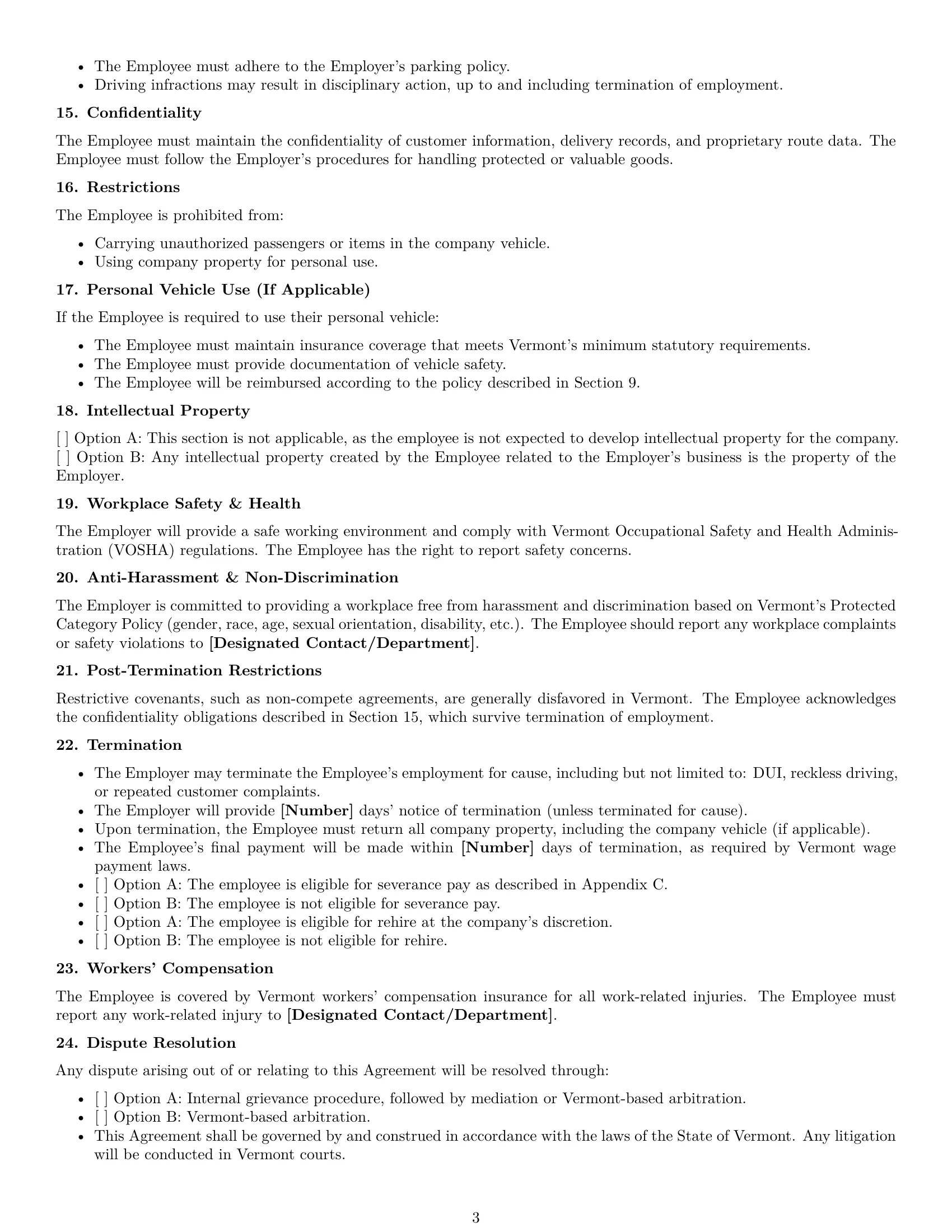 Preview page 3 of Free Vermont delivery driver employment contract template