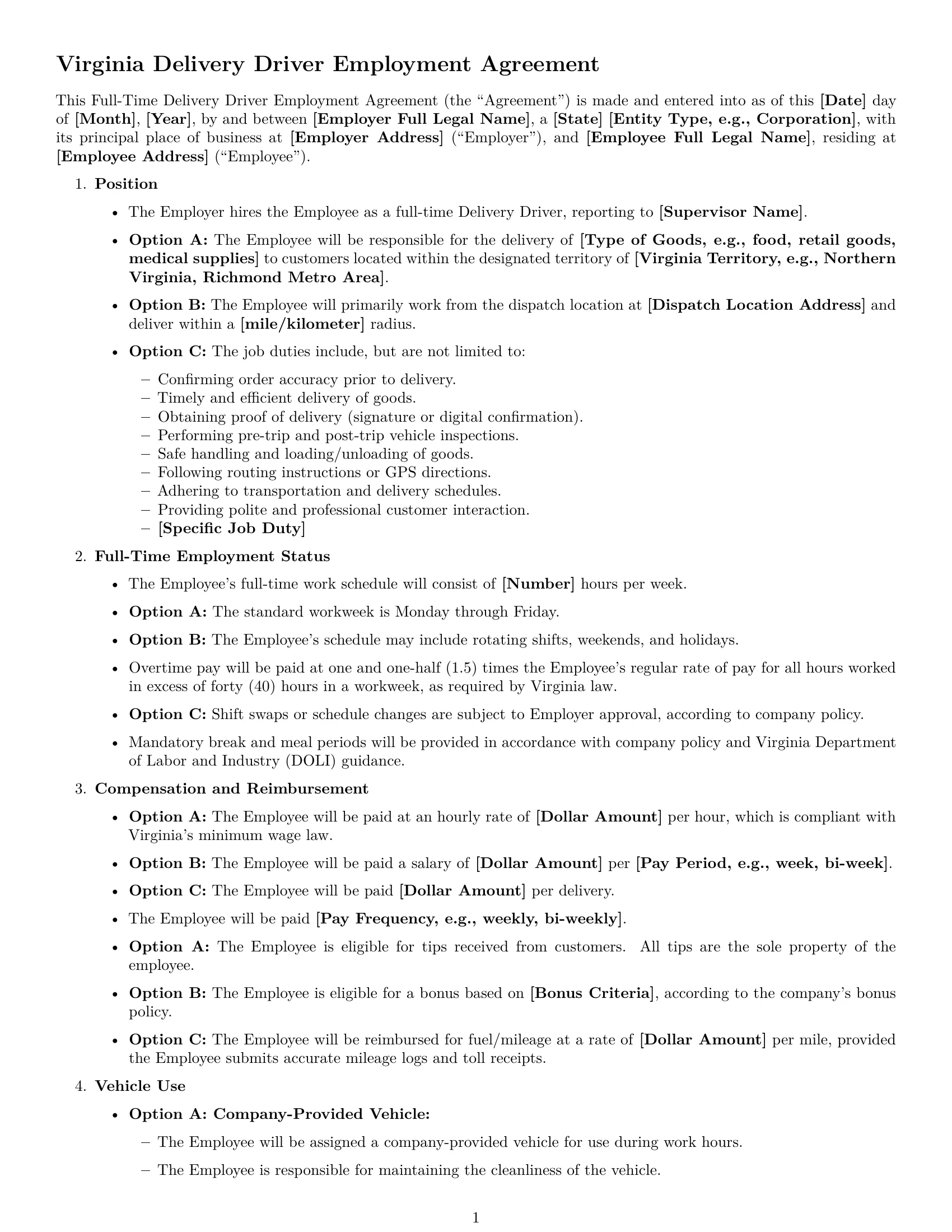 Preview page 1 of Free Virginia delivery driver employment contract template