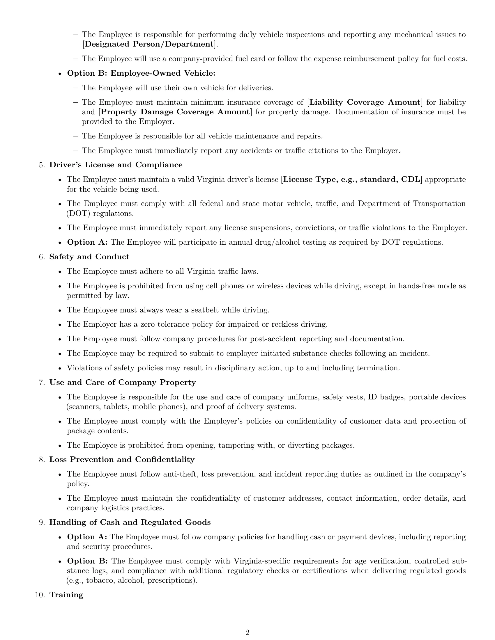 Preview page 2 of Free Virginia delivery driver employment contract template