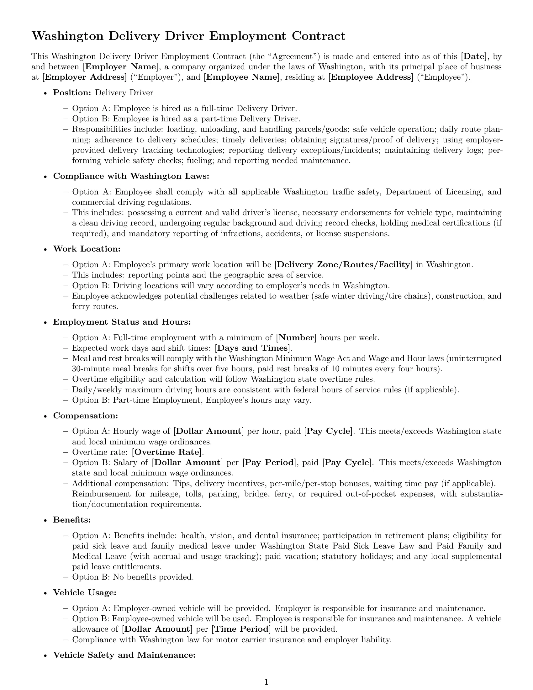 Preview page 1 of Free Washington delivery driver employment contract template