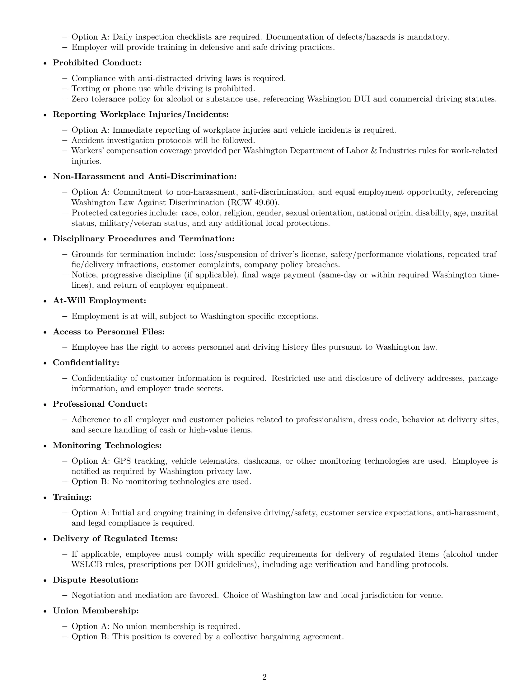 Preview page 2 of Free Washington delivery driver employment contract template