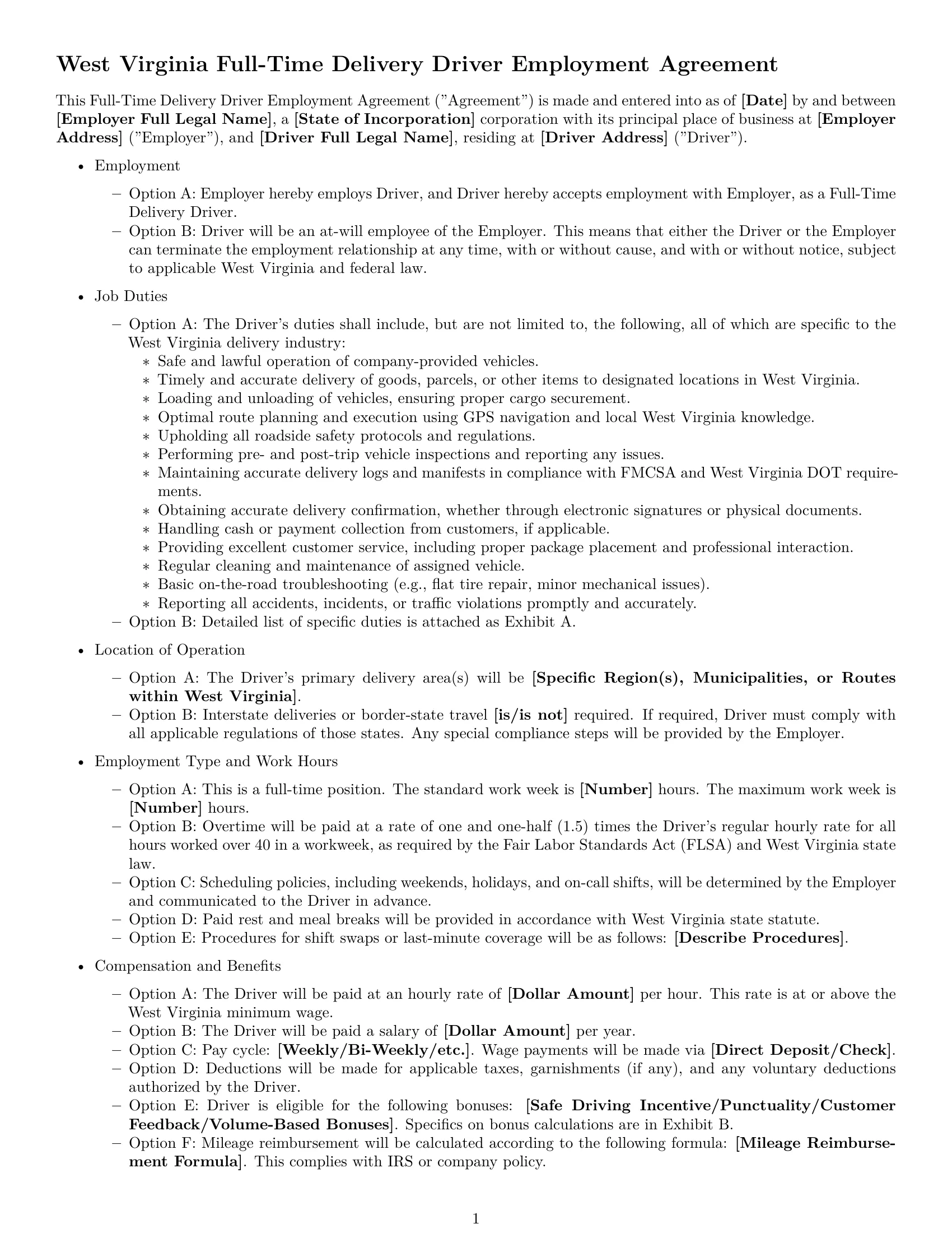 Preview page 1 of Free West Virginia delivery driver employment contract template
