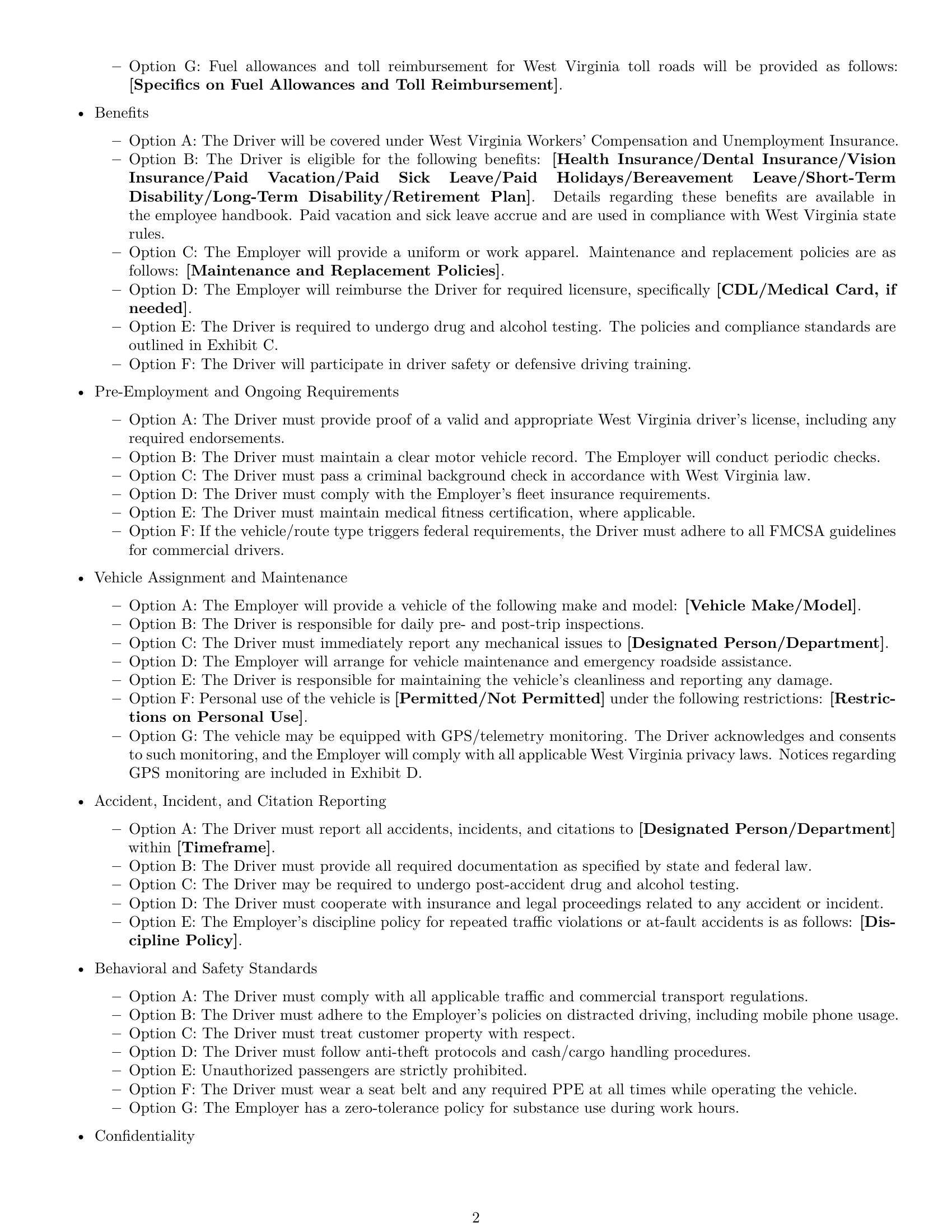 Preview page 2 of Free West Virginia delivery driver employment contract template