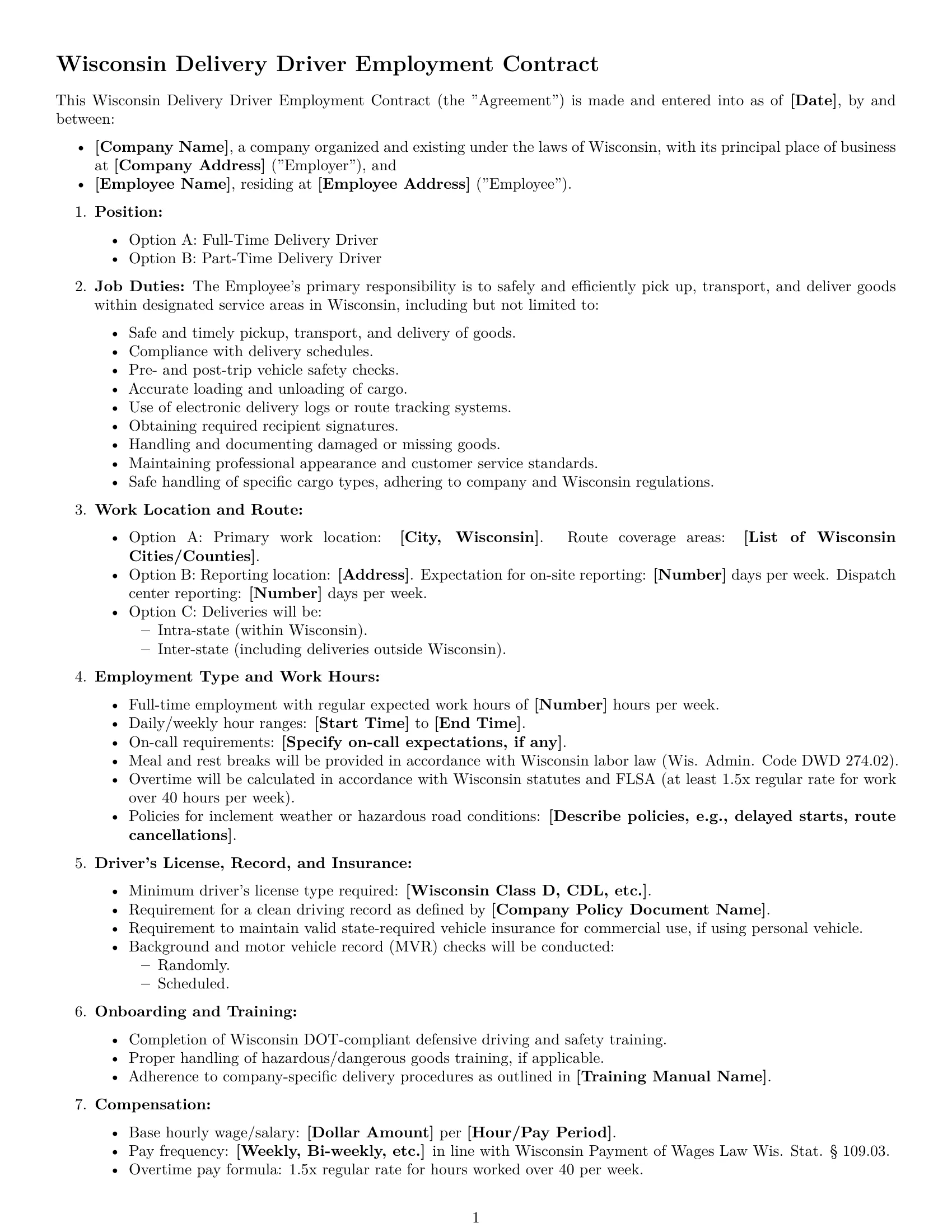 Preview page 1 of Free Wisconsin delivery driver employment contract template