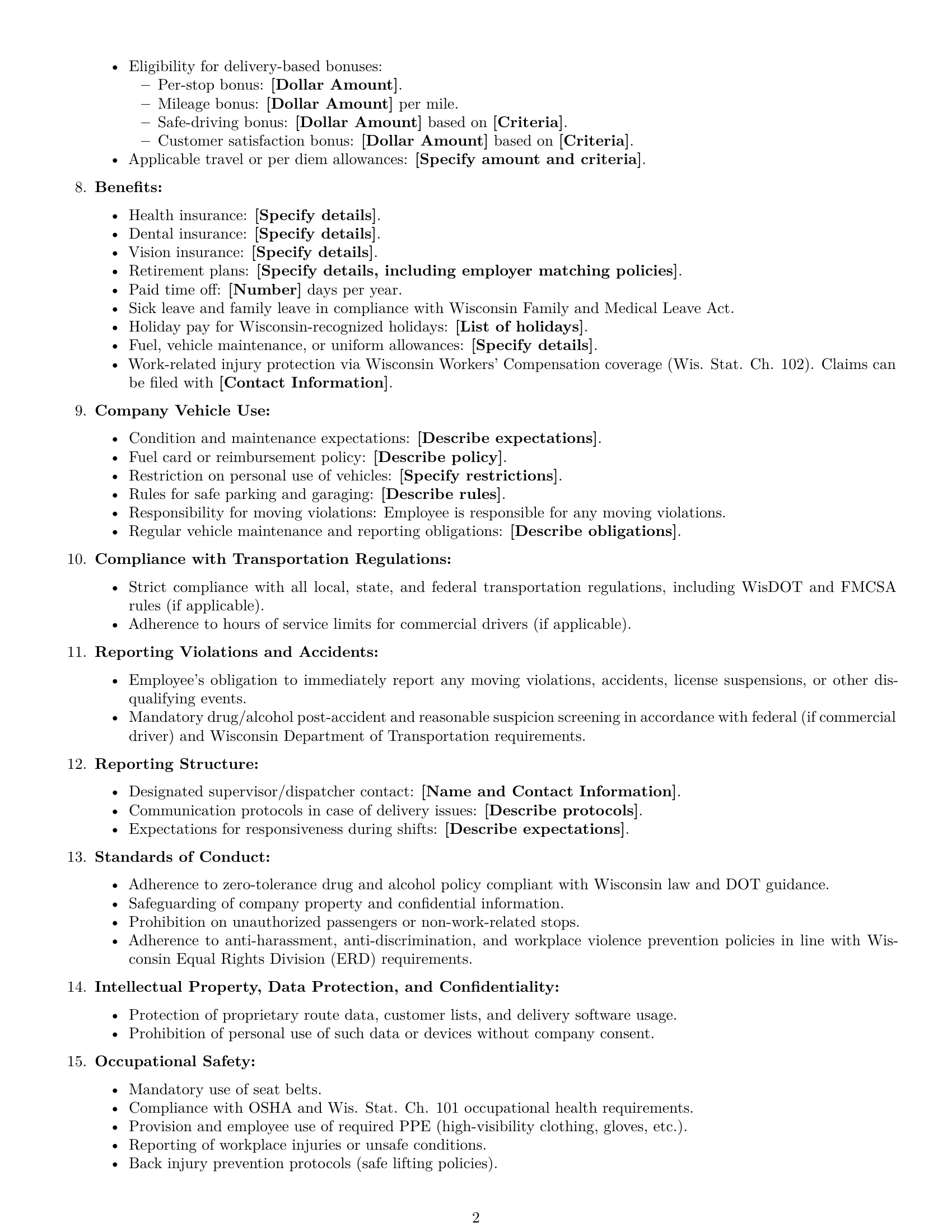 Preview page 2 of Free Wisconsin delivery driver employment contract template
