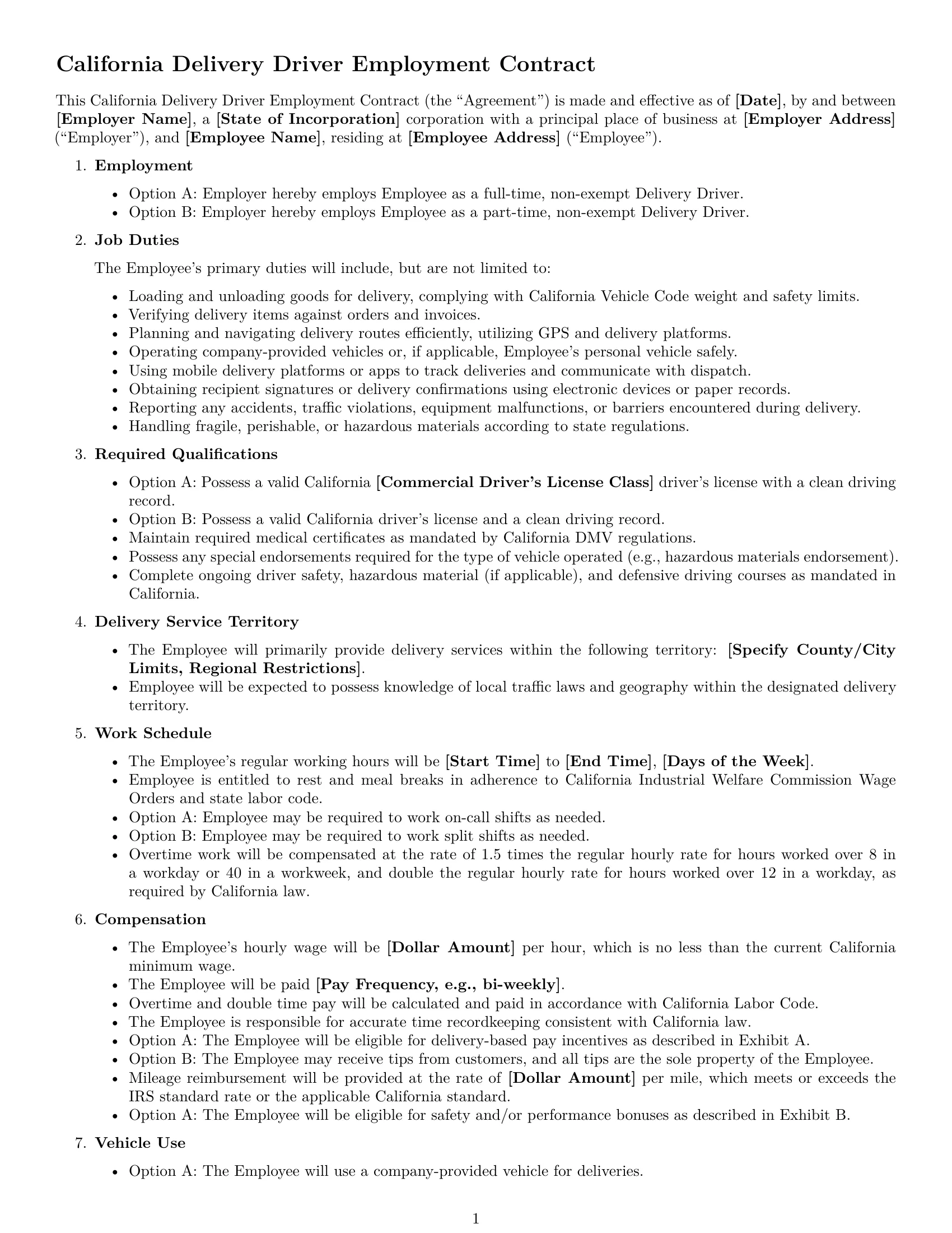 Preview page 1 of Free California delivery driver employment contract template