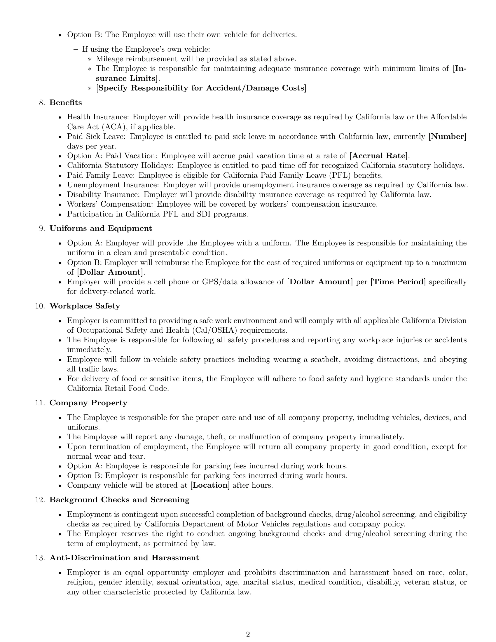 Preview page 2 of Free California delivery driver employment contract template