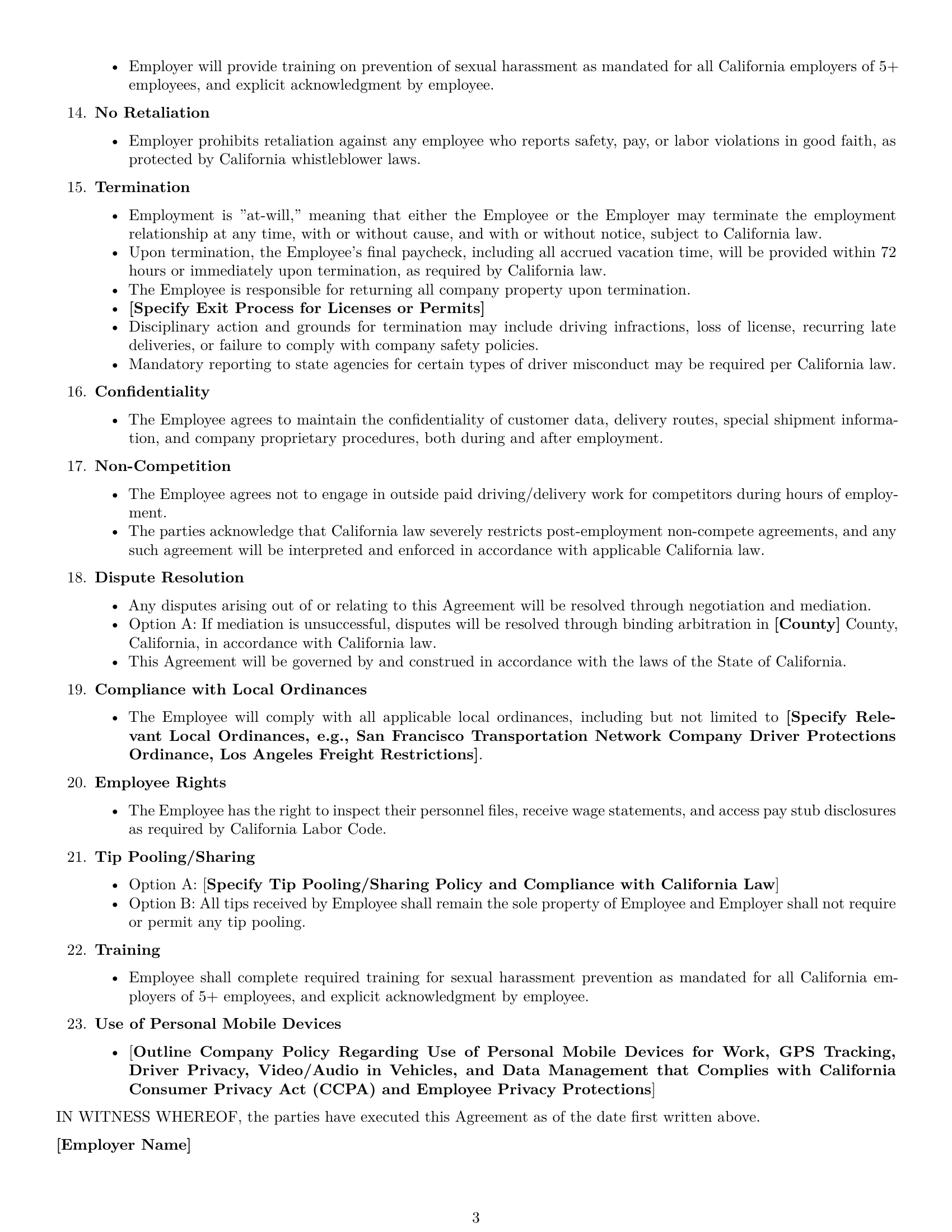 Preview page 3 of Free California delivery driver employment contract template