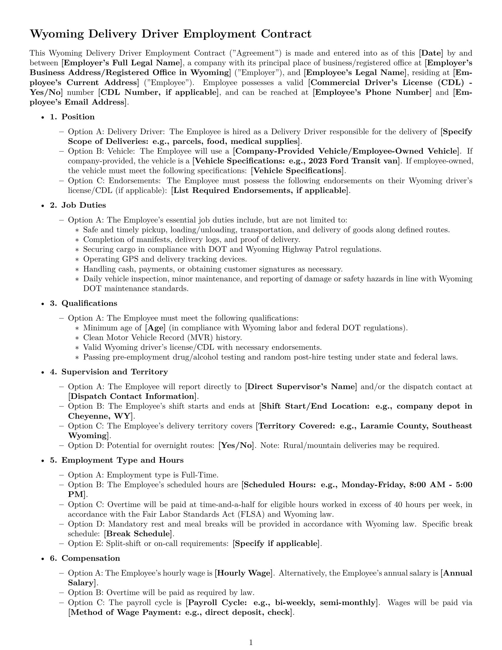 Preview page 1 of Free Wyoming delivery driver employment contract template
