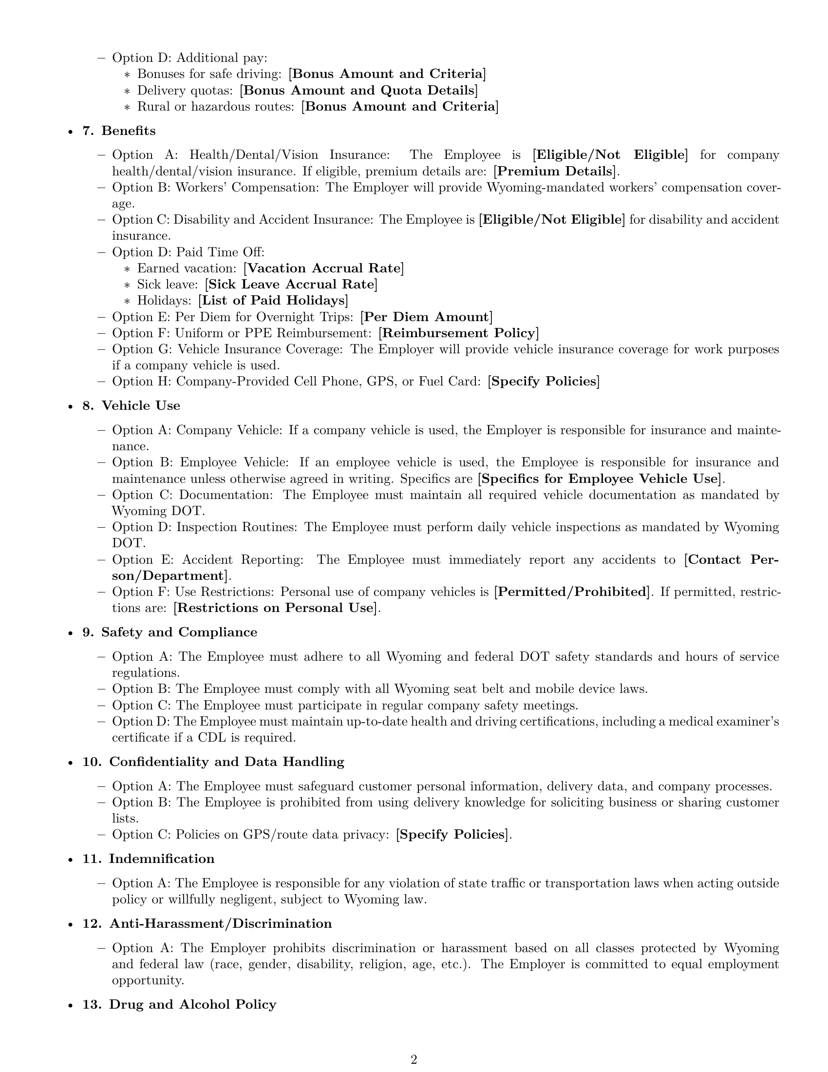 Preview page 2 of Free Wyoming delivery driver employment contract template