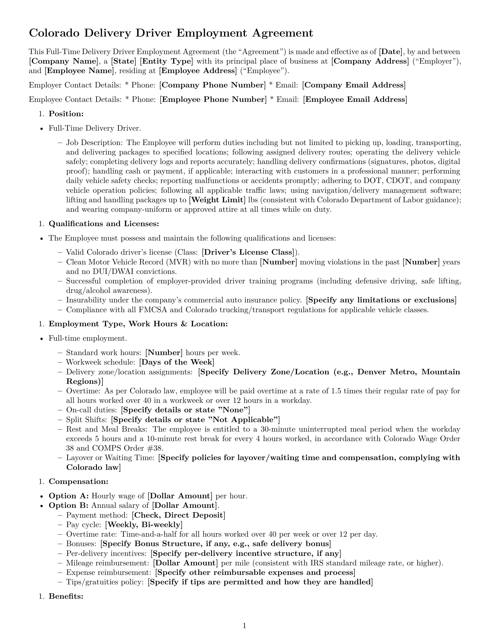 Preview page 1 of Free Colorado delivery driver employment contract template