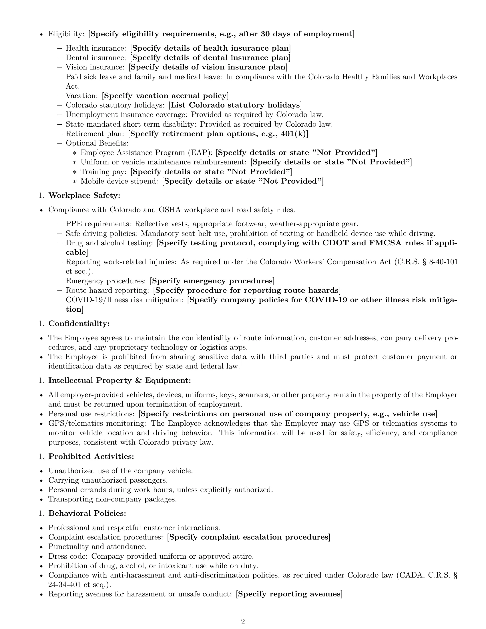 Preview page 2 of Free Colorado delivery driver employment contract template