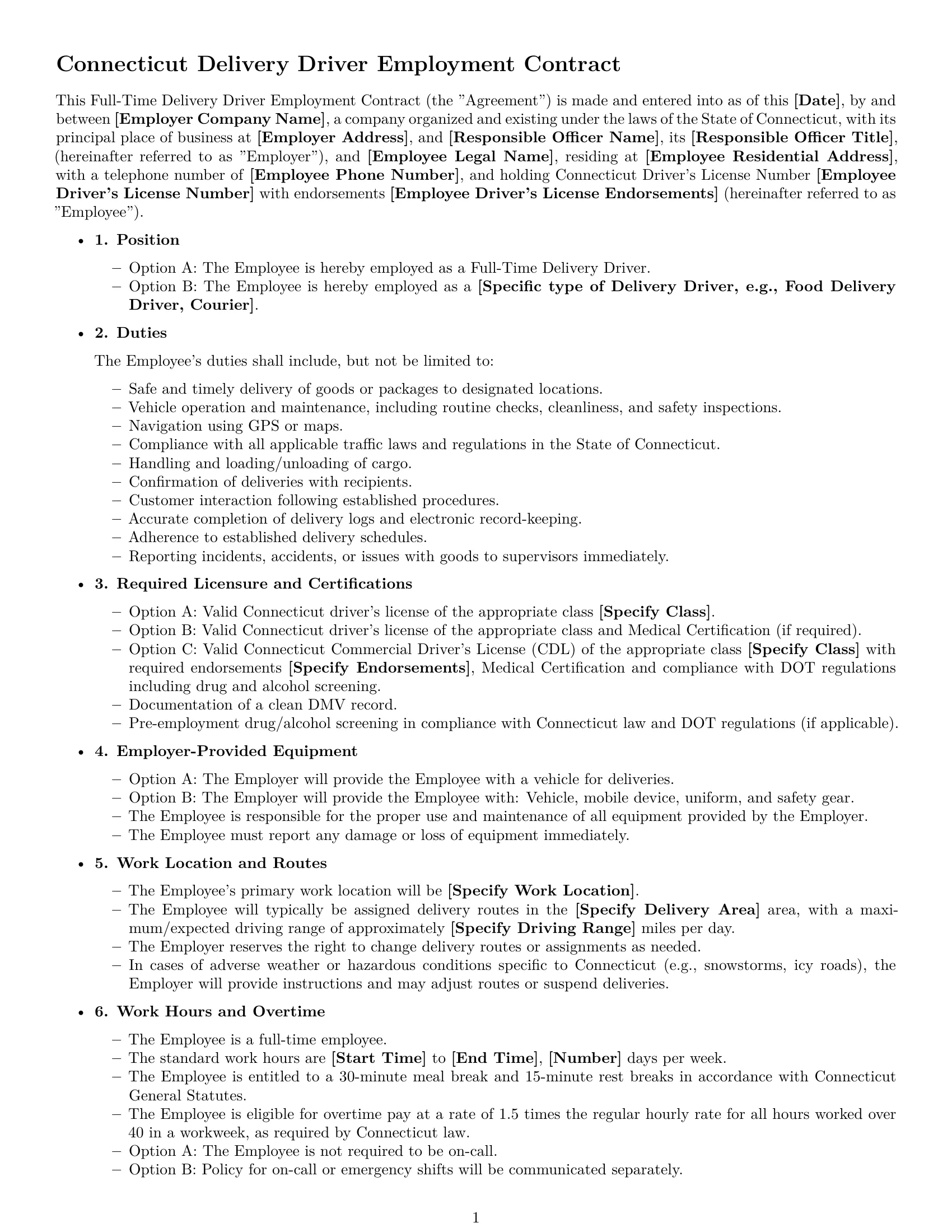 Preview page 1 of Free Connecticut delivery driver employment contract template