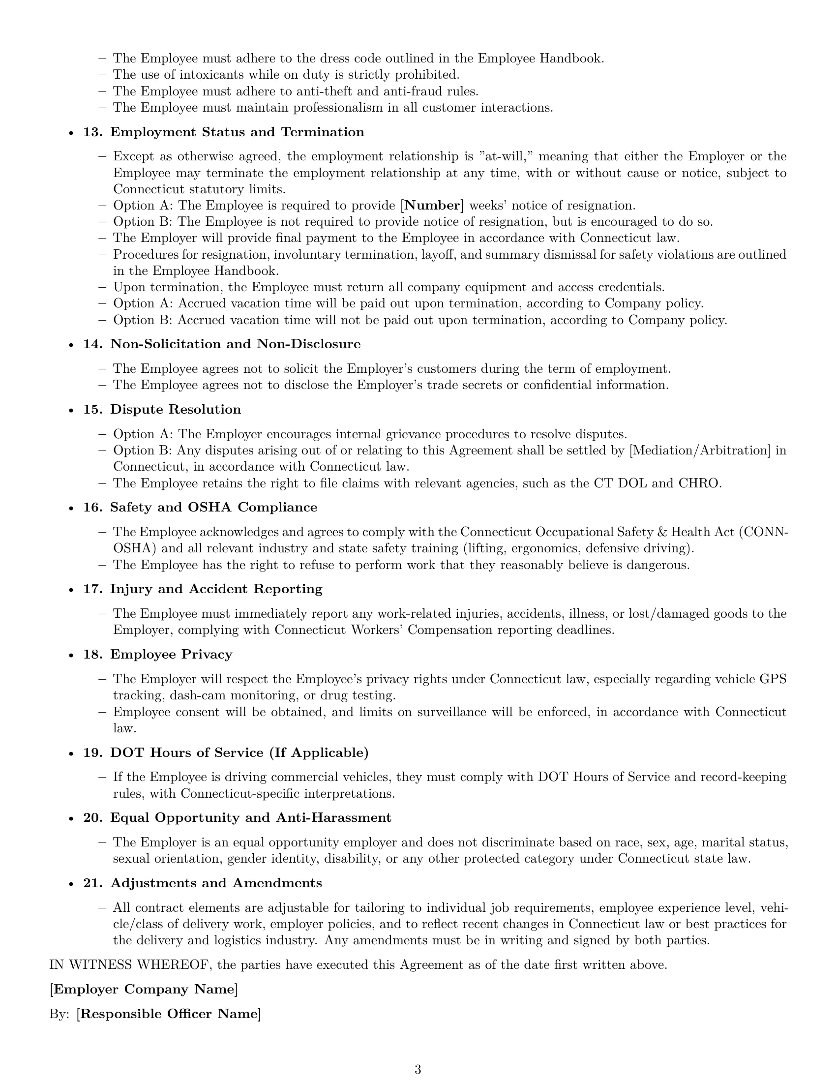 Preview page 3 of Free Connecticut delivery driver employment contract template